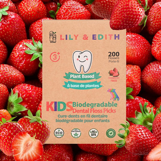 LILY & EDITH Kids Plant Based Dental Floss Picks 200 Counts, Fluoride Free, Corn Starch Material, Chemical Free, Fun Animal Flossing Sticks, Ultra Sturdy Thread, Zero Waste Package (Strawberry)