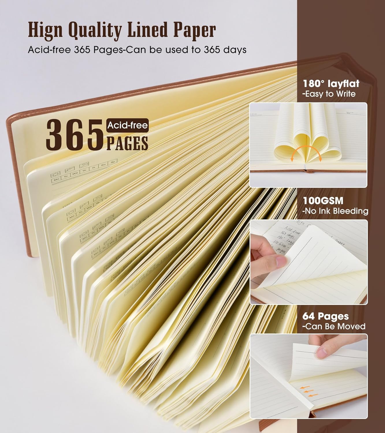 Lined Journal Notebook -365 Pages A4 Big Journal for Writing Men Women, College Ruled Notebook, Hardcover Leather Journal, Daily Journal Notebook for Work, Note Taking, 100Gsm Paper(8.5" x 11" Brown)