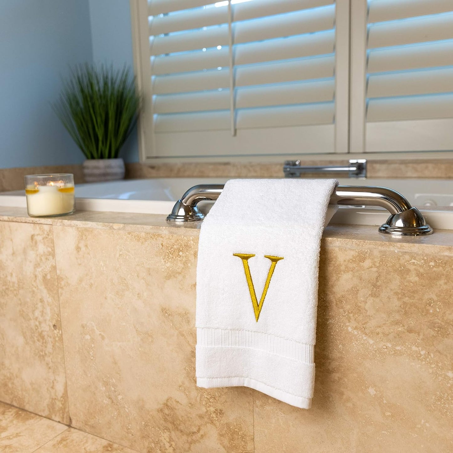 Monogrammed Hand Towels for Bathroom - Luxury Hotel Quality Personalized Initial Decorative Embroidered Bath Towel for Powder Room, Spa - GOTS Organic Certified - Set of 2 Gold Letter V