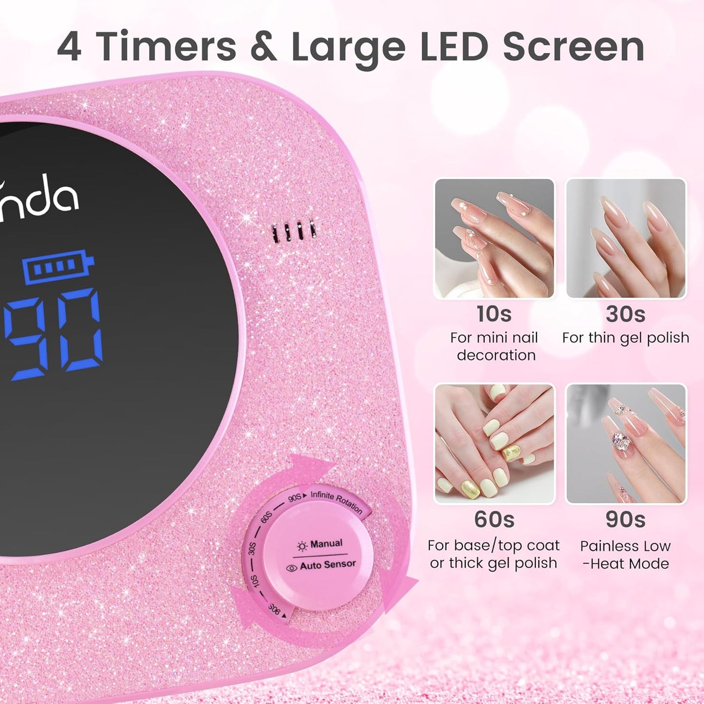 Lavinda 54W UV LED Nail Lamp, Professional UV Light for Gel Nails Rechargeable Cordless Nail Dryer with 4 Timer Settings & Auto Sensor, Fast Curing Gel Light for Home and Salon Use Diamond Dust Design