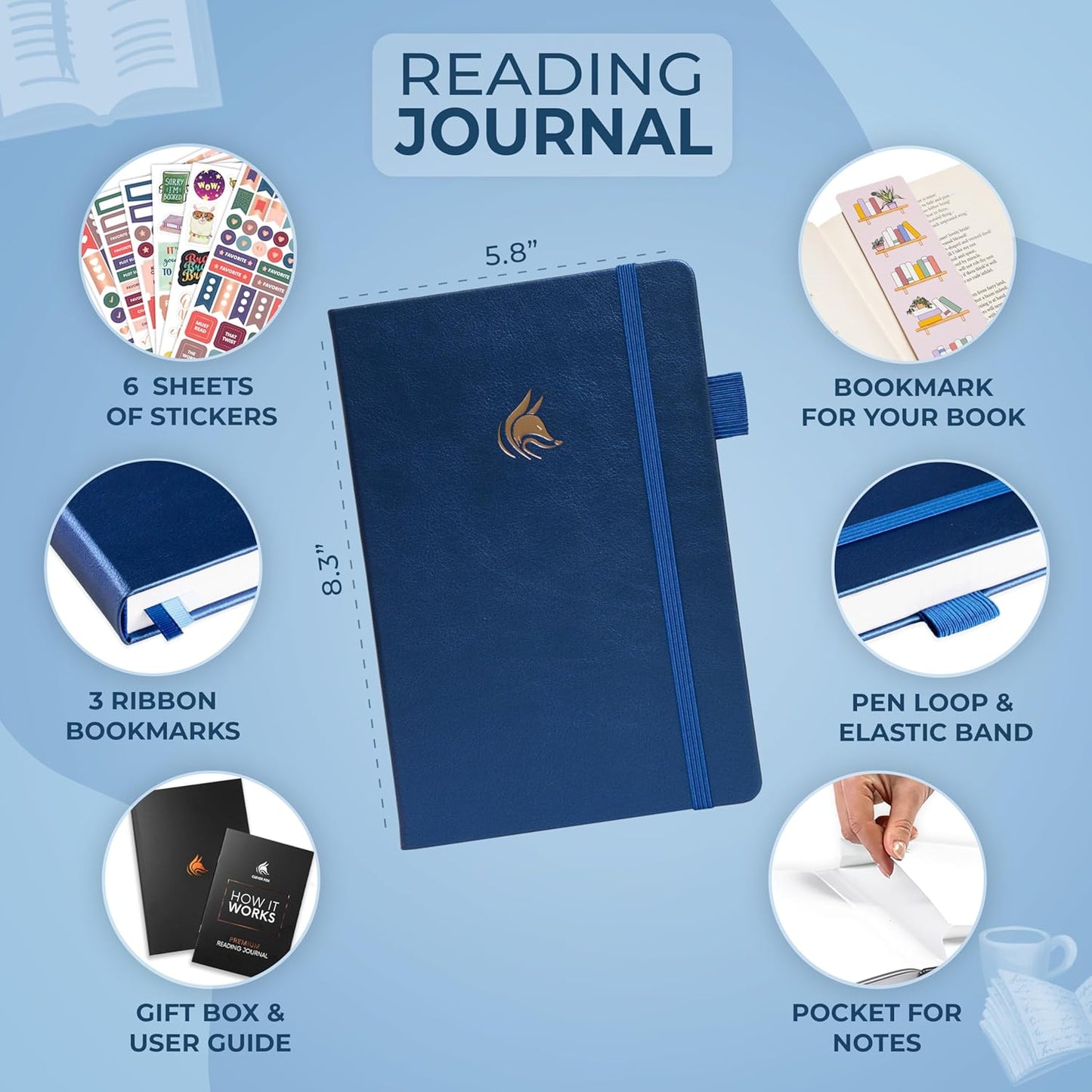 Clever Fox Reading Journal Premium – Review Log Notebook with Reading Tracker – Gifts & Accessories for Book Lovers, Adults & Kids (Mystic Blue)
