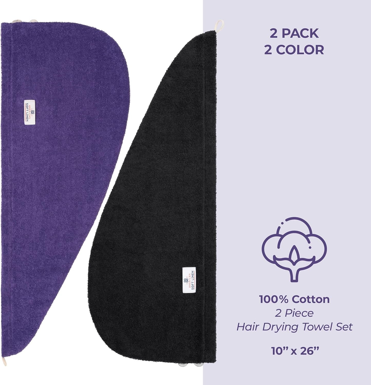 American Soft Linen 100% Cotton Hair Towels for Women, Head Towel Cap, Cotton Hair Turban Towel Wrap for Long Curly Anti Frizz Hair, Soft and Absorbent Cotton Hair Towels 2 Pack, Purple-Black