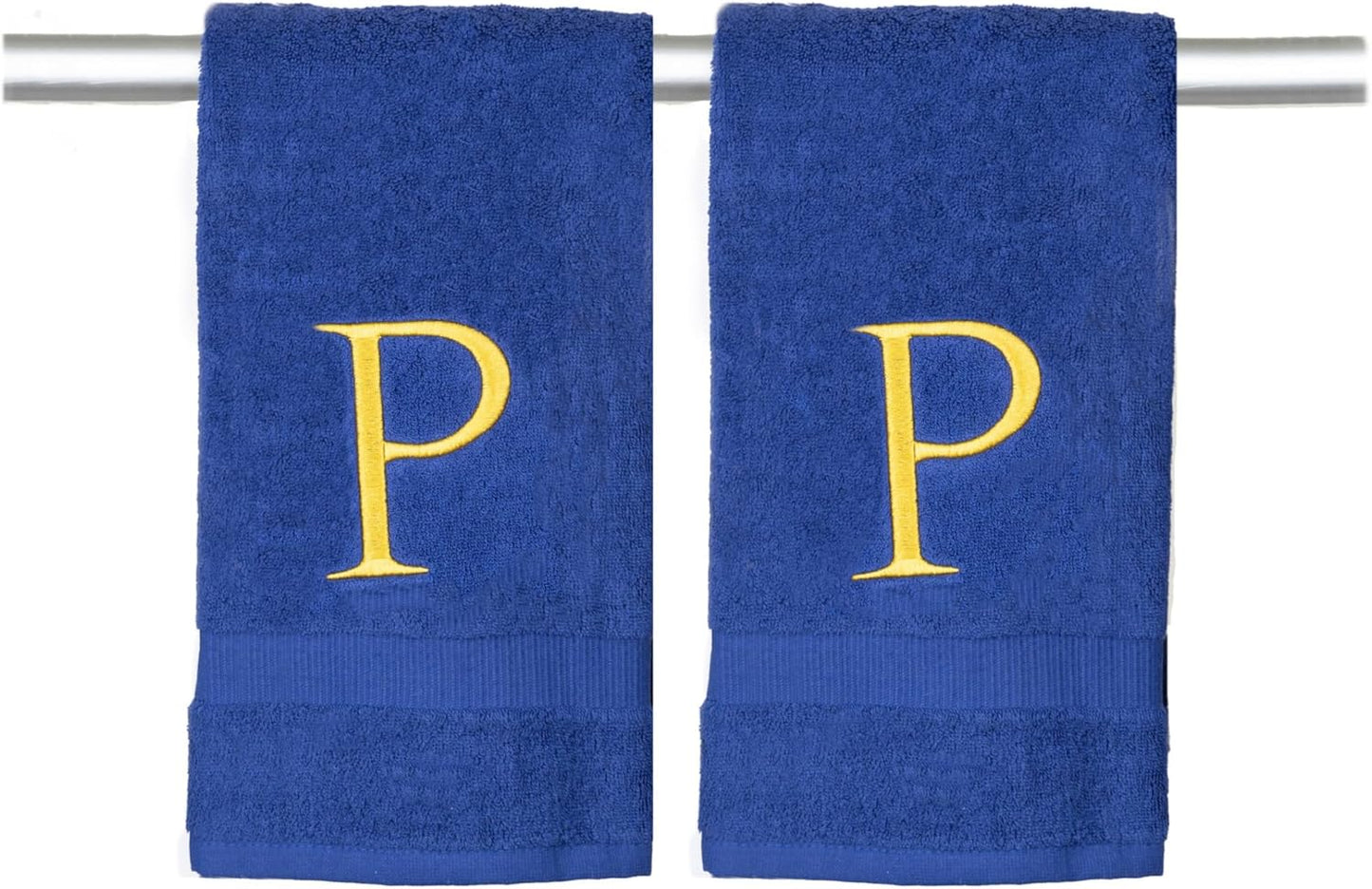 Navy Monogrammed Hand Towel for Bathroom - Initial Hotel Quality Decorative Embroidered Luxury Towel for Powder Room, Spa - GOTS Organic Certified - Set of 2 Gold Letter P