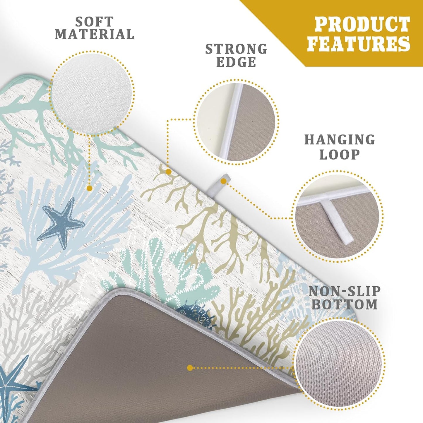 Blue Coral Dish Drying Mat Coastal Starfish Dishes Pad Hanging Drainer Mats Reversible Absorbent Kitchen Counter Protector 18x24 Inch