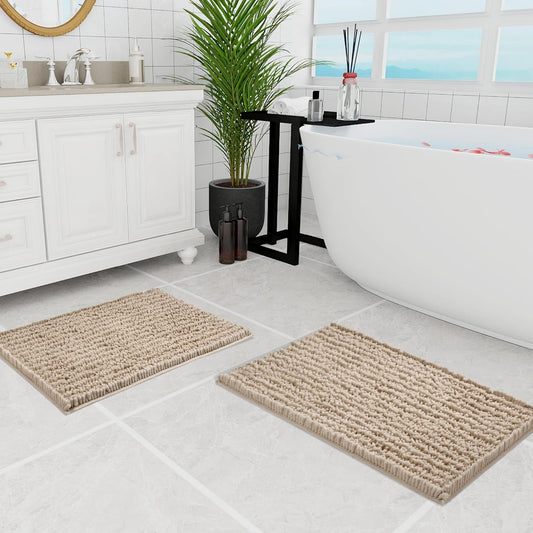 Walensee Bathroom Rug 2 Pieces Set Non Slip Bath Mat (20"x32" Plus 20"x32" Beige) Water Absorbent Super Soft Shaggy Chenille Machine Washable Dry Extra Thick Perfect Carpet for Shower Floor