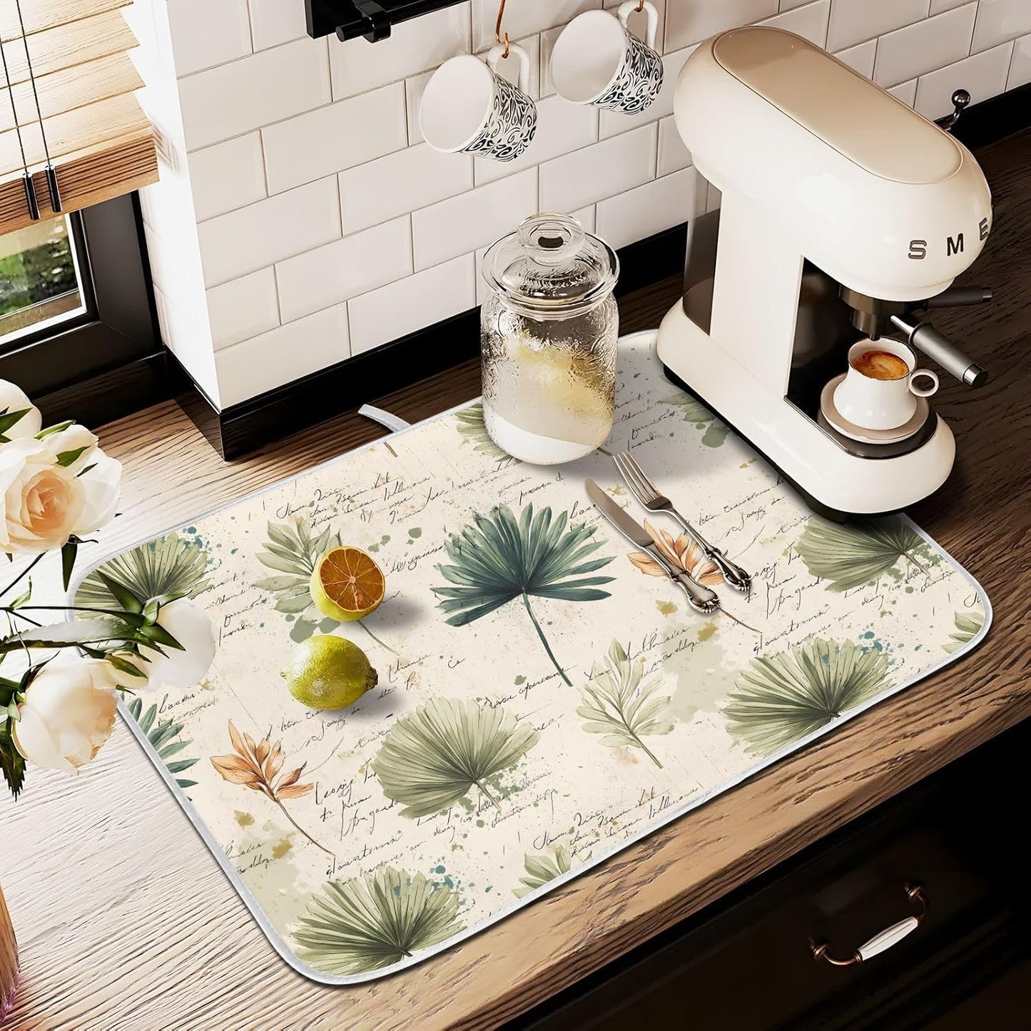 Palm Leaves Vintage Leaf Dish Drying Mats for Kitchen Counter, 18x24 inch Drying Dishes Absorbent Microfiber Dish Drainer Mat Rack Pad Fast Dry
