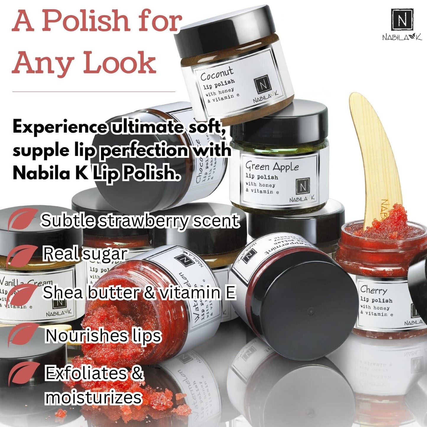 Nabila K Lip Polish with Honey and Vitamin E, Lip Scrub for Dry and Chapped Lips, Strawberry Lip Repair Sugar Scrub, 1 oz