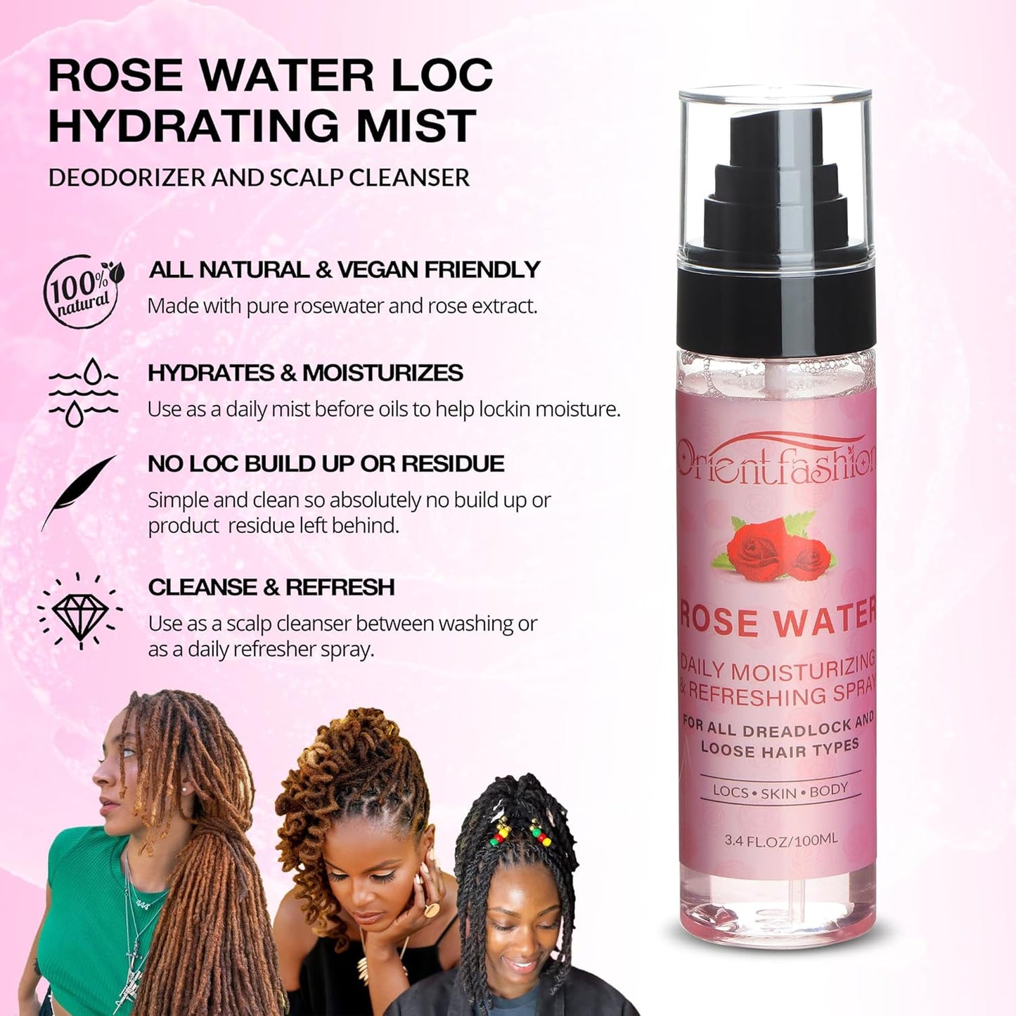 Orientfashion Moisturizing Refreshing Spray for Locs - Rose Water and Peppermint Hair Scalp Moisturizer Natural Loc Care and Maintenance (Rose, 3.4 Fl oz)