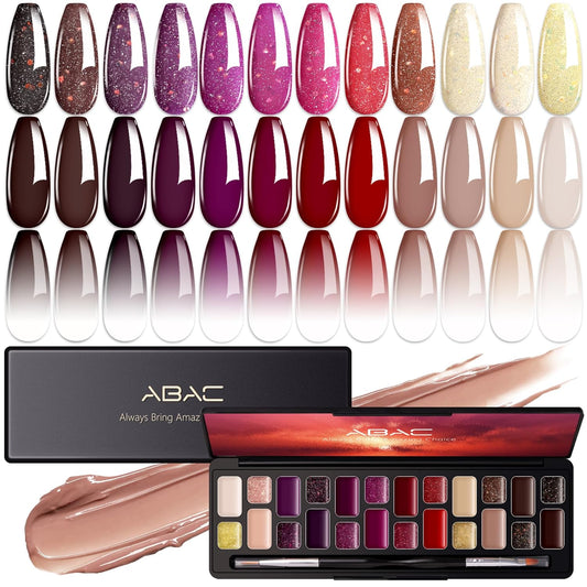 ABAC Fall & Winter Solid Gel Nail Polish Set Burgundy Red Purple Brown Colors w/Pro Brush No-Spill,Hema-Free Gifts for Women All Season