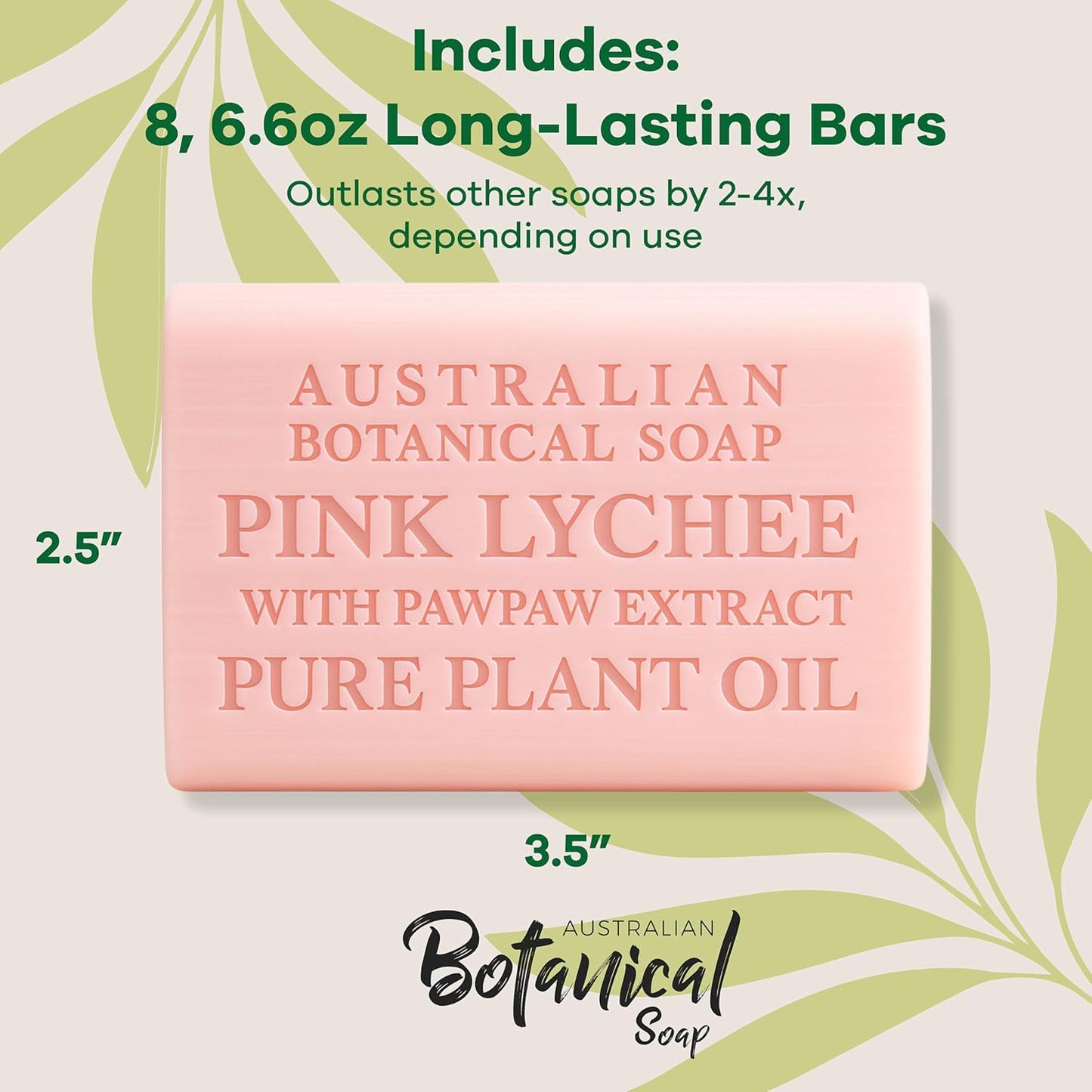 Australian Botanical Soap, 6.6 OZ, Pink Lychee and Pawpaw Extract, Triple Milled Bars made with a Natural Soap Base and Enriched with Organic Shea Butter, Pack of 8