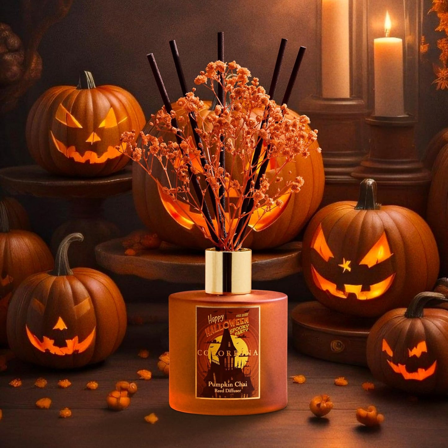 COCORRÍNA Reed Diffuser - Pumpkin Chai 6.7 fl oz Scented Diffuser with 8 Sticks Home Fragrance Bathroom Shelf Decor (Halloween Collection)