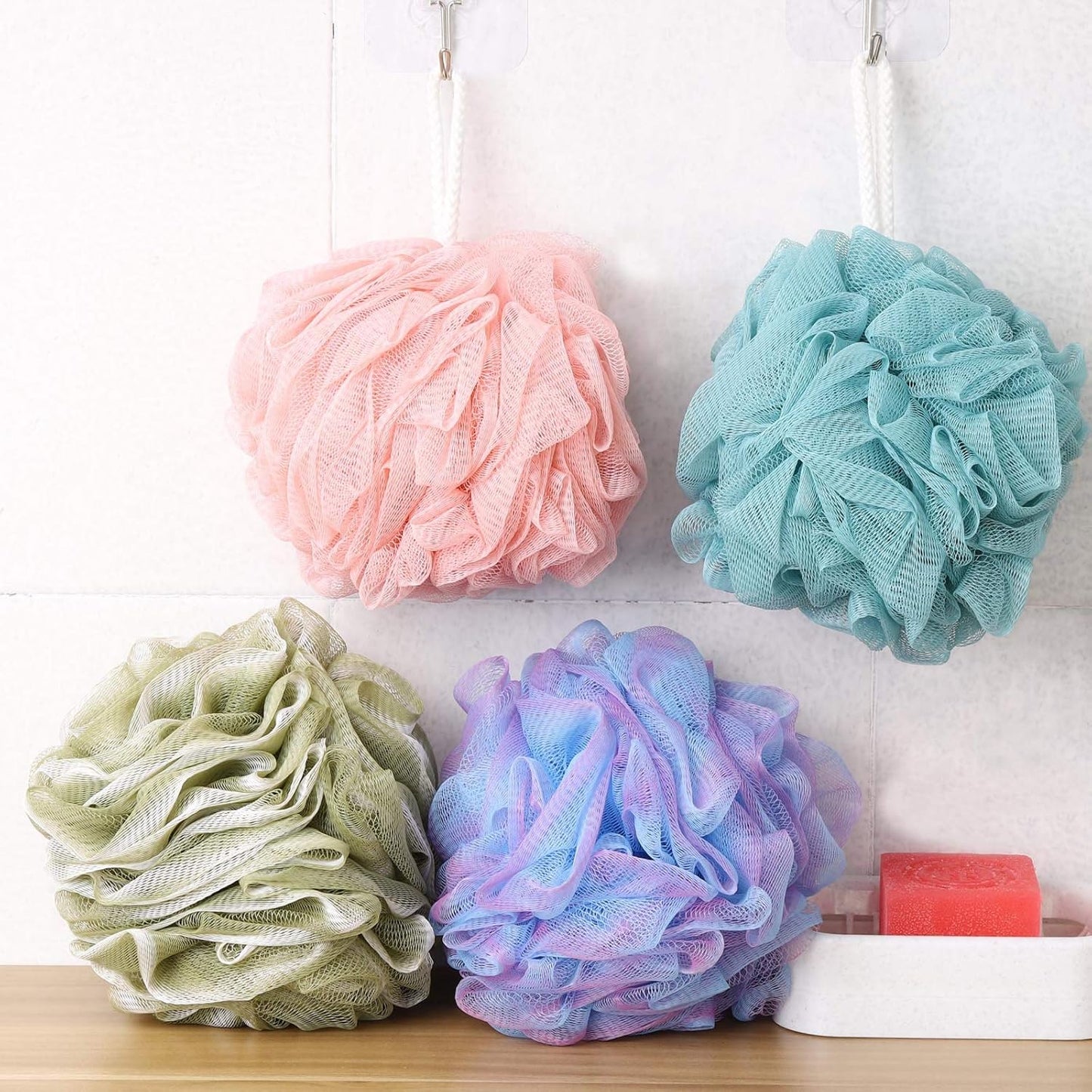 BTYMS 4 Pieces Shower Loofahs Large Bath Sponge 75g Mesh Pouf Wash Puff Shower Poof Body Loofas for Bathing