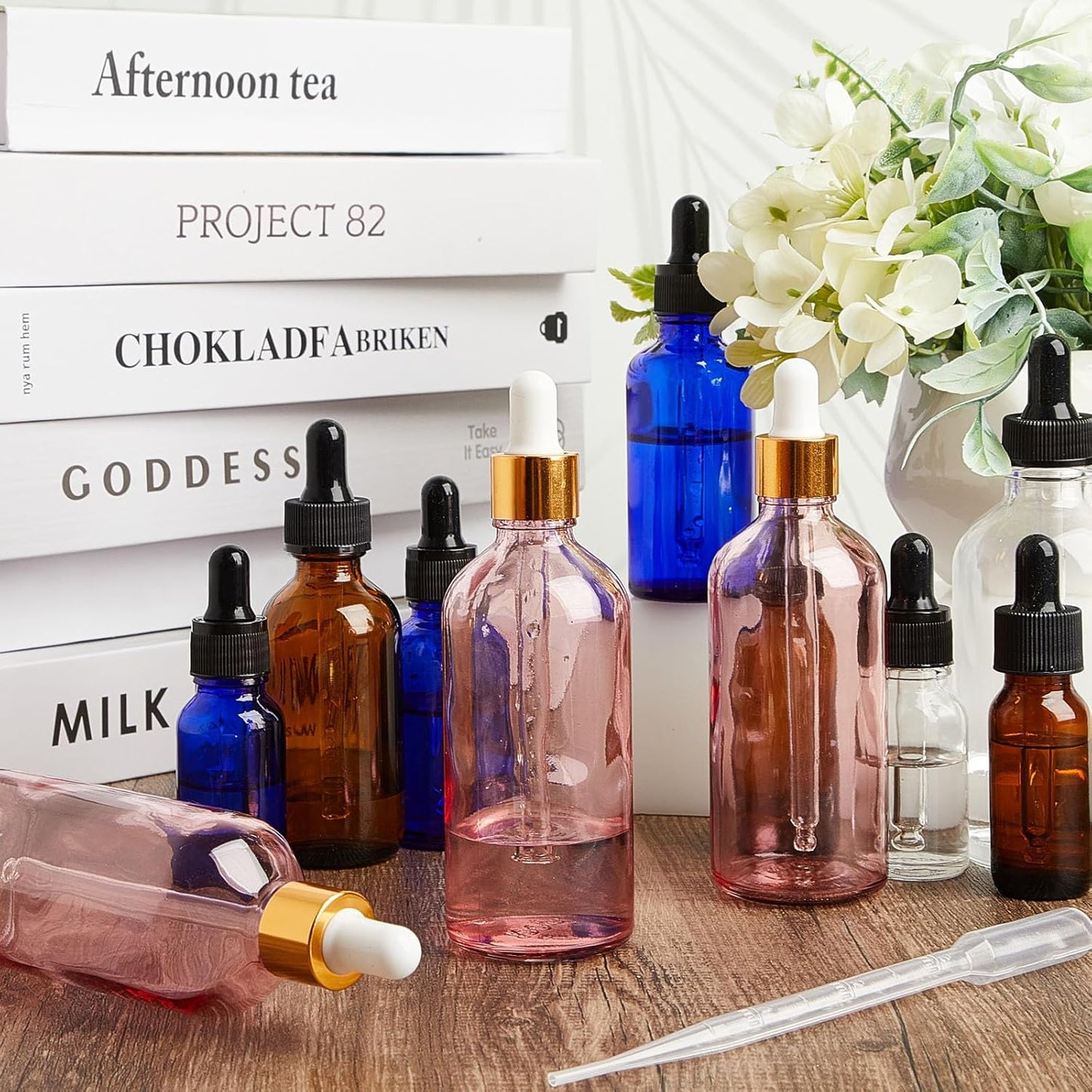 Lallisa 48 Pcs Glass Dropper Bottles with Eye Dropper Dispensers Lab Dropping Bottles with 4 Pcs Long Pipettes 4 Funnel and 80 Label for Travel Cuticle Massage Essential Oils Perfume (Pink,4 oz)