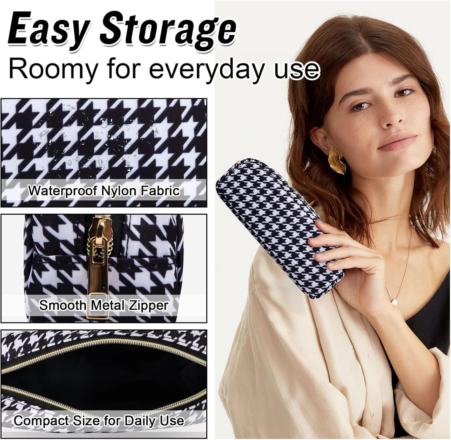 Nylon Slim Makeup Bag, Cute Makeup Brush Case, Preppy Cosmetic Zipper Pouch for Purse, Travel Toiletry Bag Clutch Coin Pouch Make Up Organizer for Women Girls (Black Houndstooth)