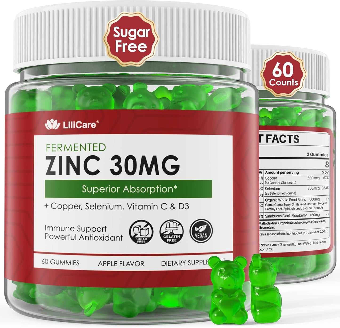 Zinc Gummies + Copper, Selenium, Vitamin C & D3, Fermented Zinc Supplements for Women and Men with Elderberry for Daily Immune Support, Powerful Antioxidant, High Absorption, Vegan, Sugar Free, 60 Cts