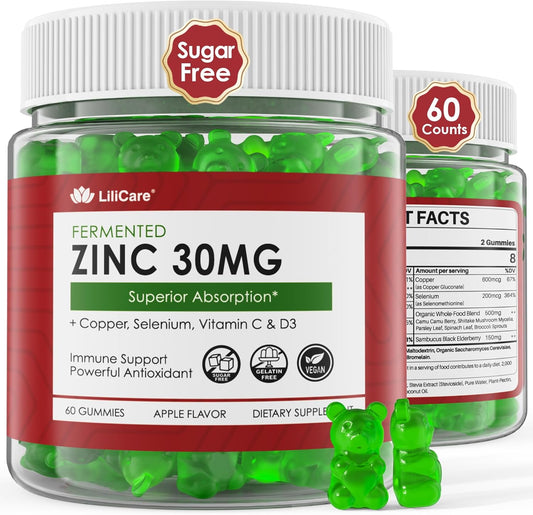 Zinc Gummies + Copper, Selenium, Vitamin C & D3, Fermented Zinc Supplements for Women and Men with Elderberry for Daily Immune Support, Powerful Antioxidant, High Absorption, Vegan, Sugar Free, 60 Cts