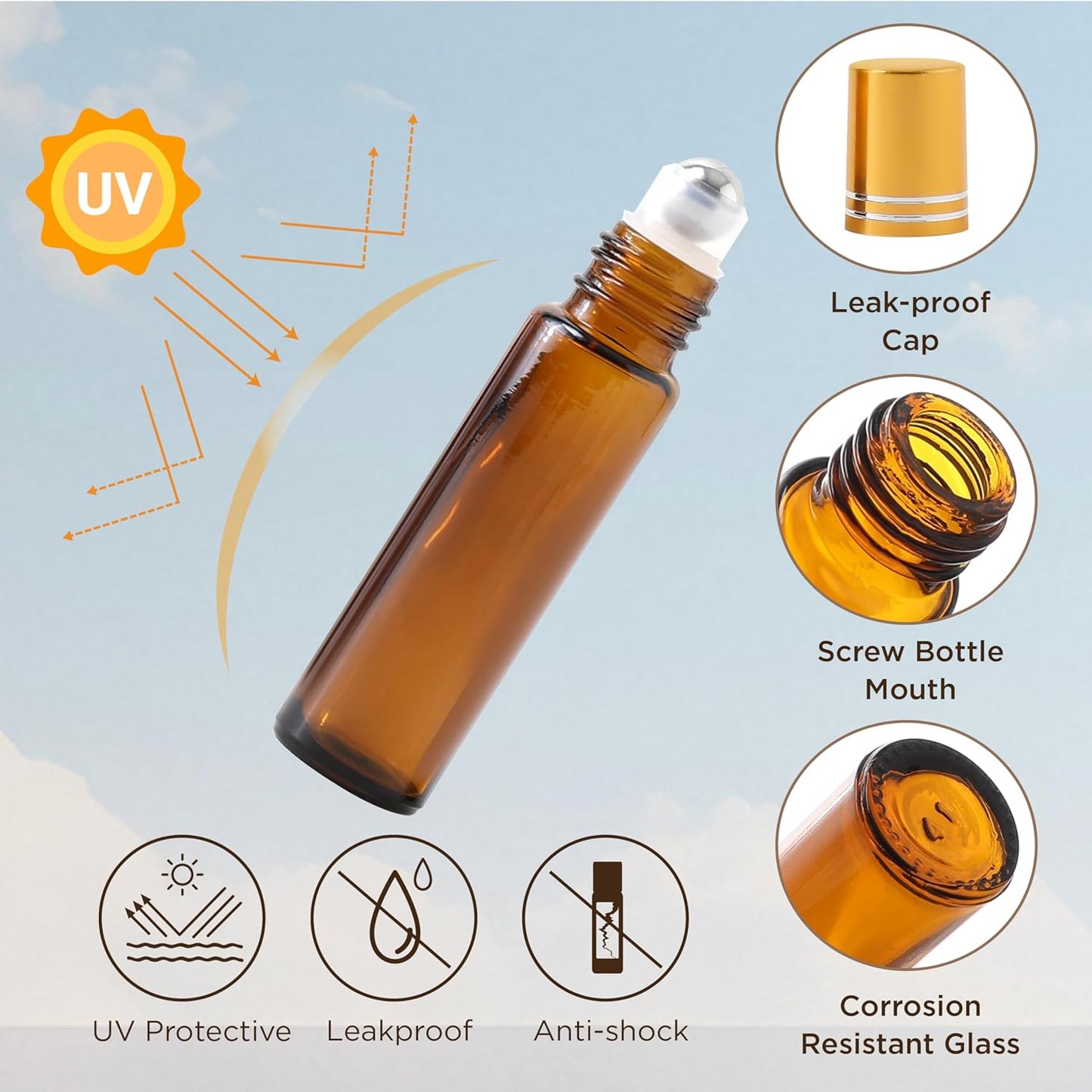 Essential Oil Roller Bottles, 10ml Thick Glass Perfume Roller Bottles with Funnel Opener and Dropper Colored Glass Empty Bottles with Stainless Steel Roller Balls (Brown - golden cover, 12 Pack)