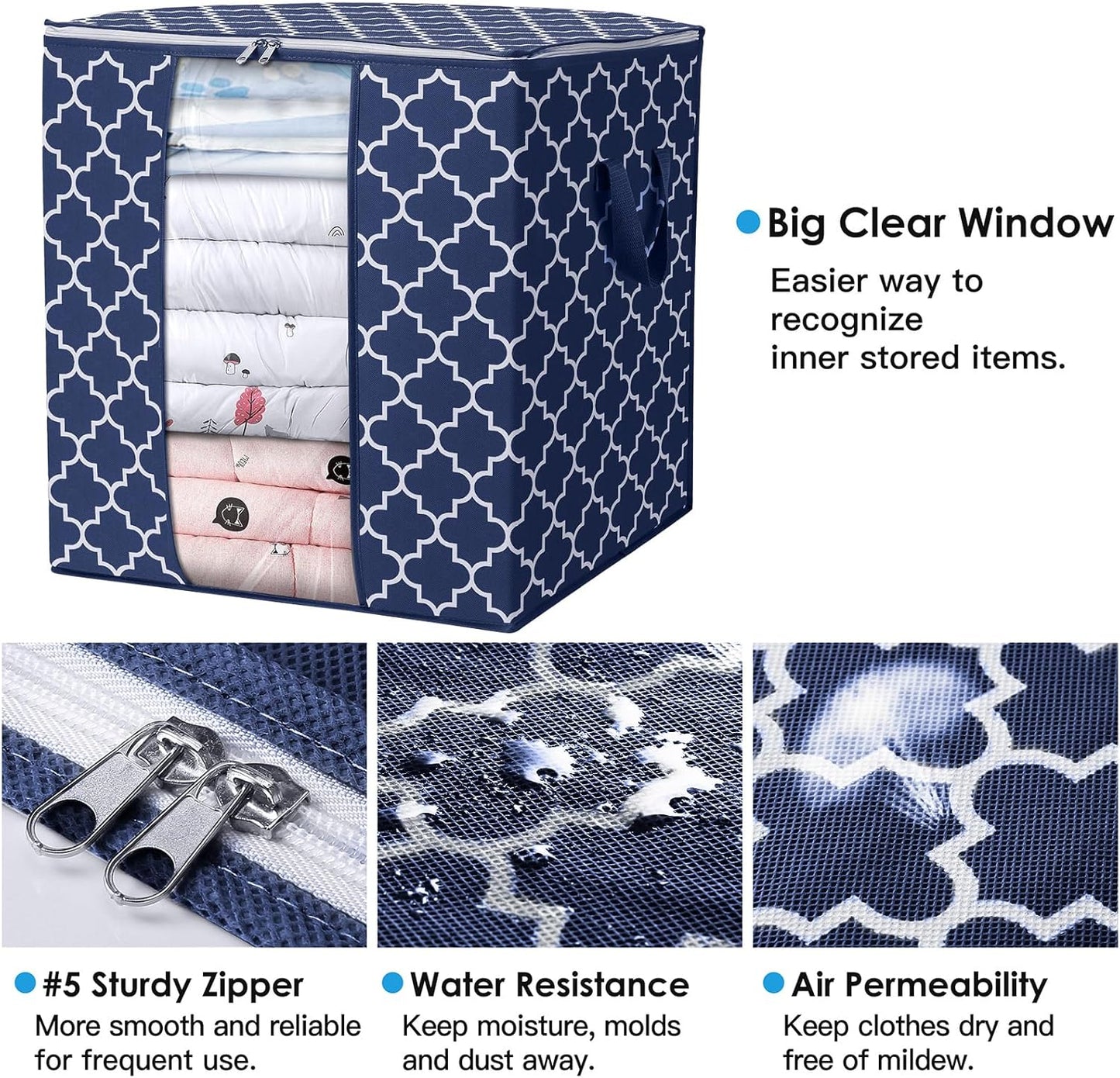 WISELIFE Storage Bags 6 Pack/100L Large Blanket Clothes Organization and Storage Containers for Comforters,Bedding, Foldable Organizer with Reinforced Handle, Clear Window, Sturdy Zippers,Blue