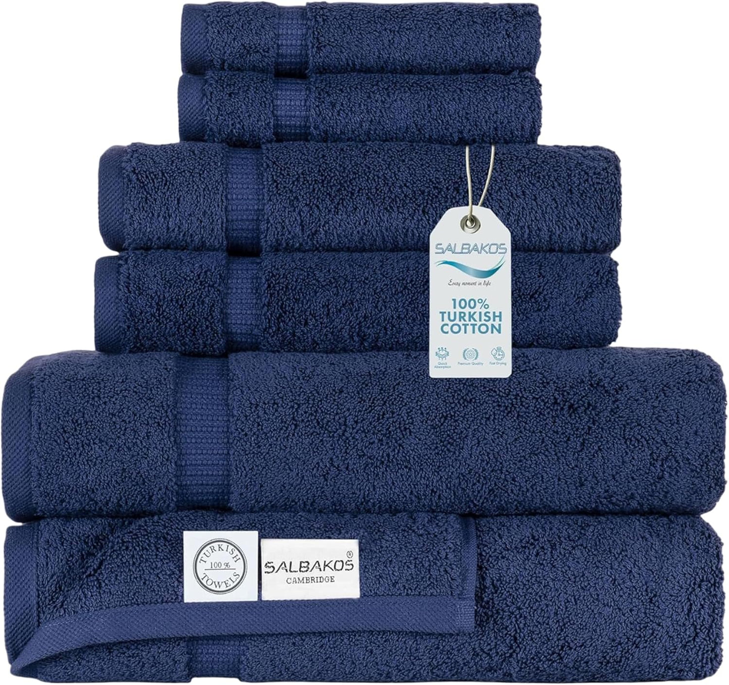SALBAKOS - Luxury 6 Piece Towel Set, 100% Turkish Cotton, Quick Drying, Highly Absorbent & Comfy, Includes 2 Bath Towels, 2 Hand Towels & 2 Washcloths | (Navy)