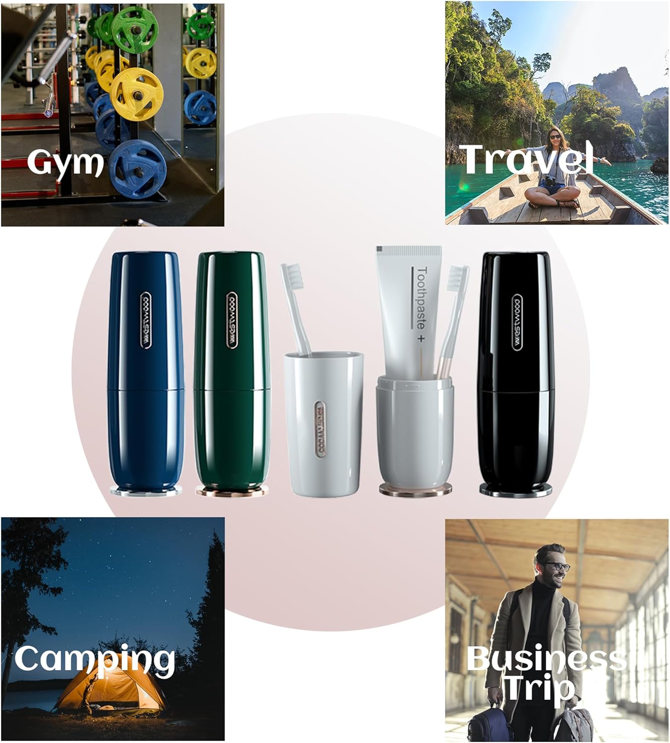 Luxury Green Plastic Travel Toothbrush Holder Case with Cover, Portable Travel Toothbrush Cup, Storage Container for School Camping Business Trip Bathroom