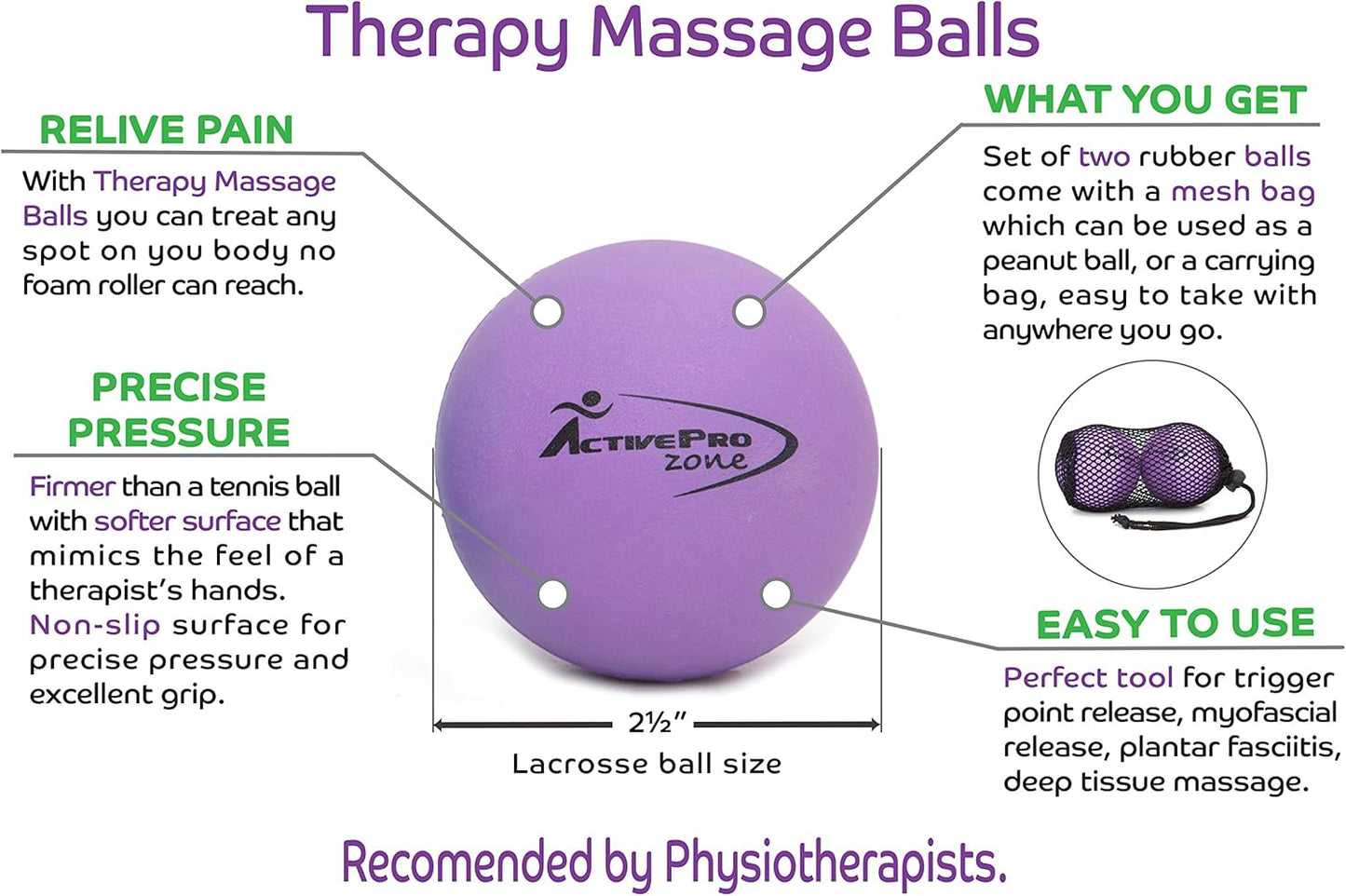 Therapy Massage Ball - Instant Muscle Pain Relief. Proven Effective for Myofascial Release, Deep Tissue Pressure, Yoga & Trigger Point Treatments. Set - 2 Lacrosse Balls W/Mesh Bag
