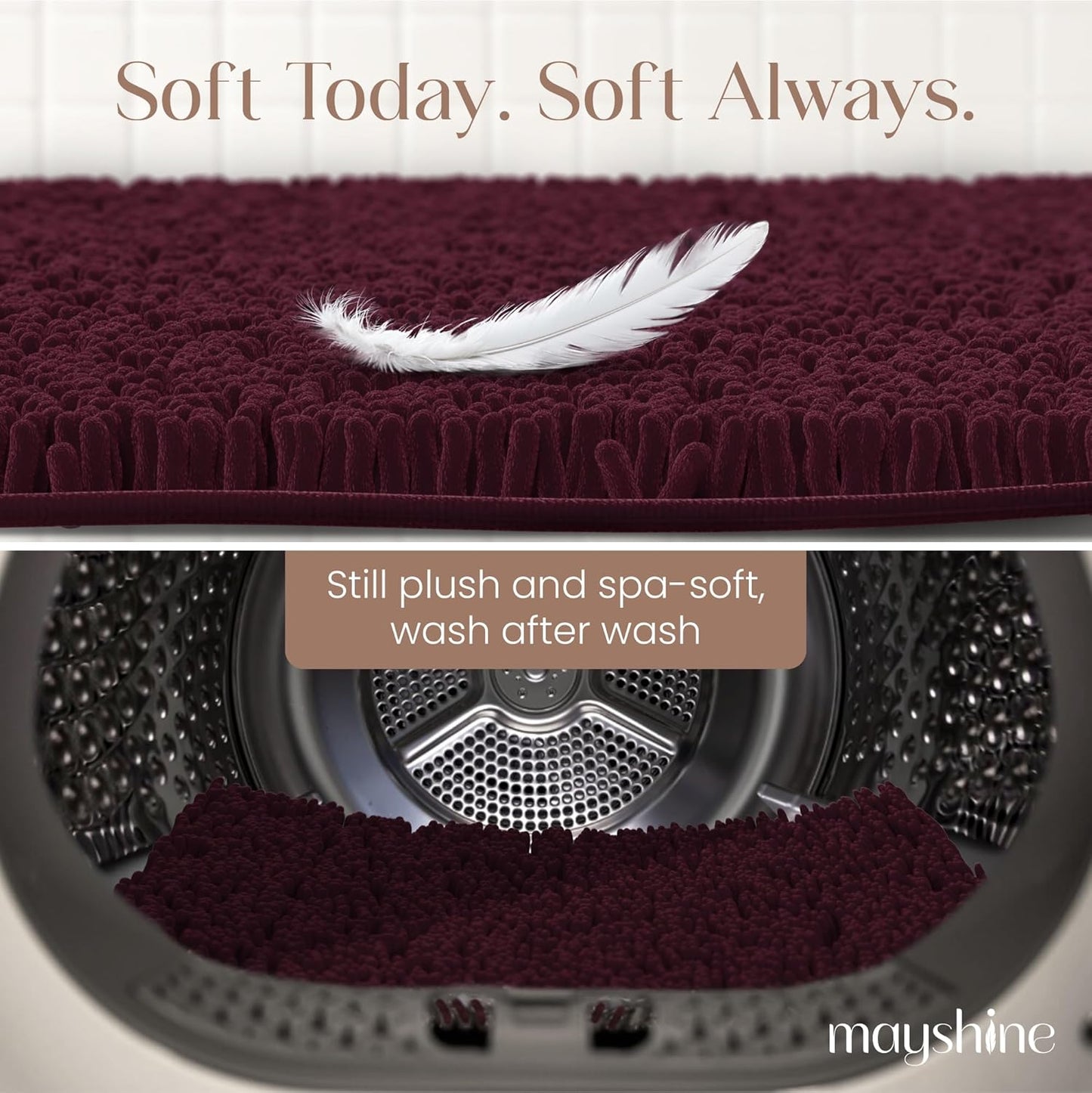 MAYSHINE Plush Shaggy Chenille Bath Mat | Extra Soft, Super Absorbent, Non-Slip Bathroom Rug | Fluffy Microfiber, Area Rug Sets for Bathroom Floor, Kitchen, Living Room | 39"x24" | Burgundy