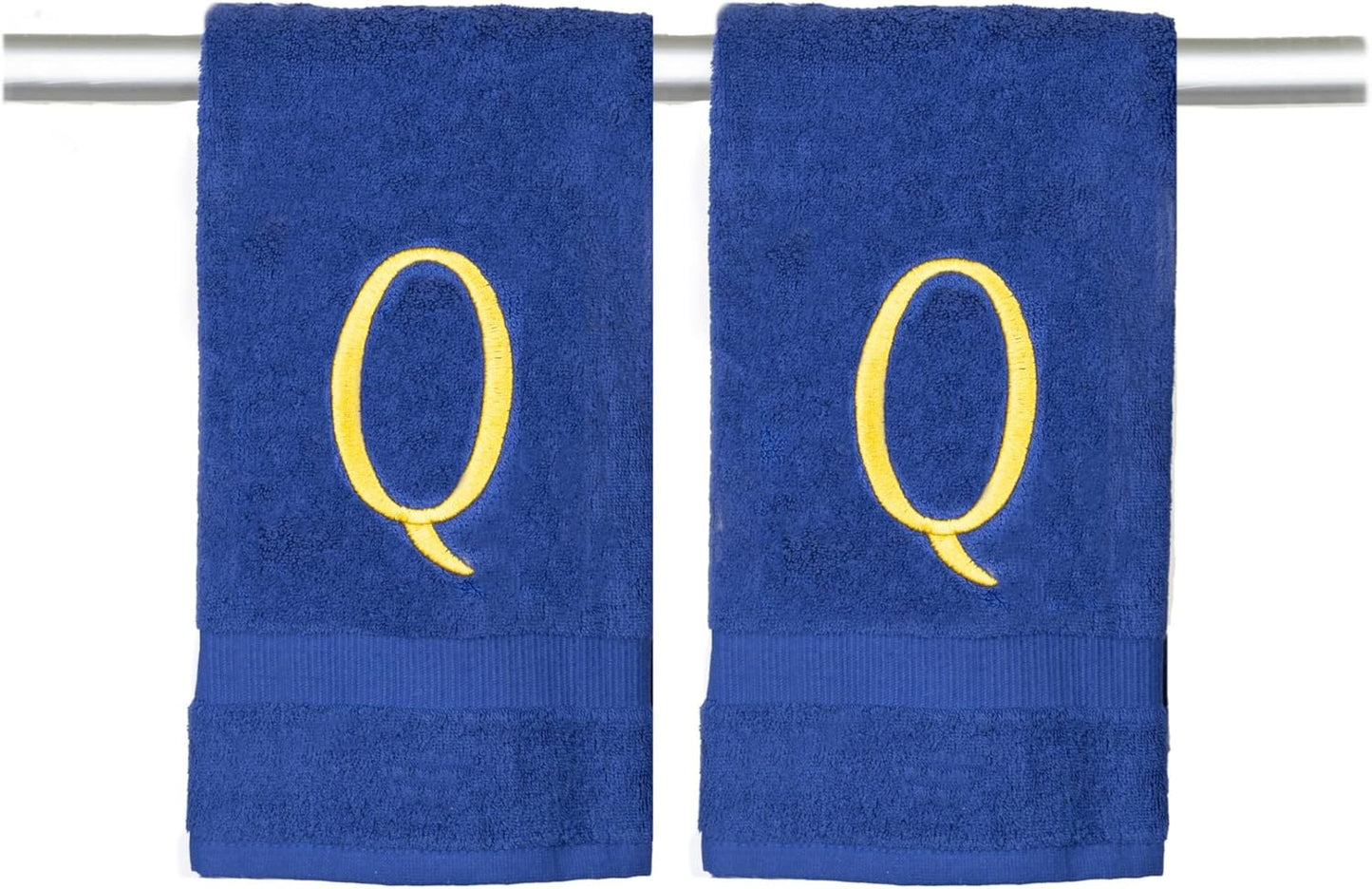 Navy Powder Room Hand Towel - Monogram Initial Hotel Quality Decorative Embroidered Luxury Towel for Spa - GOTS Organic Certified - Set of 2 Gold Letter Q