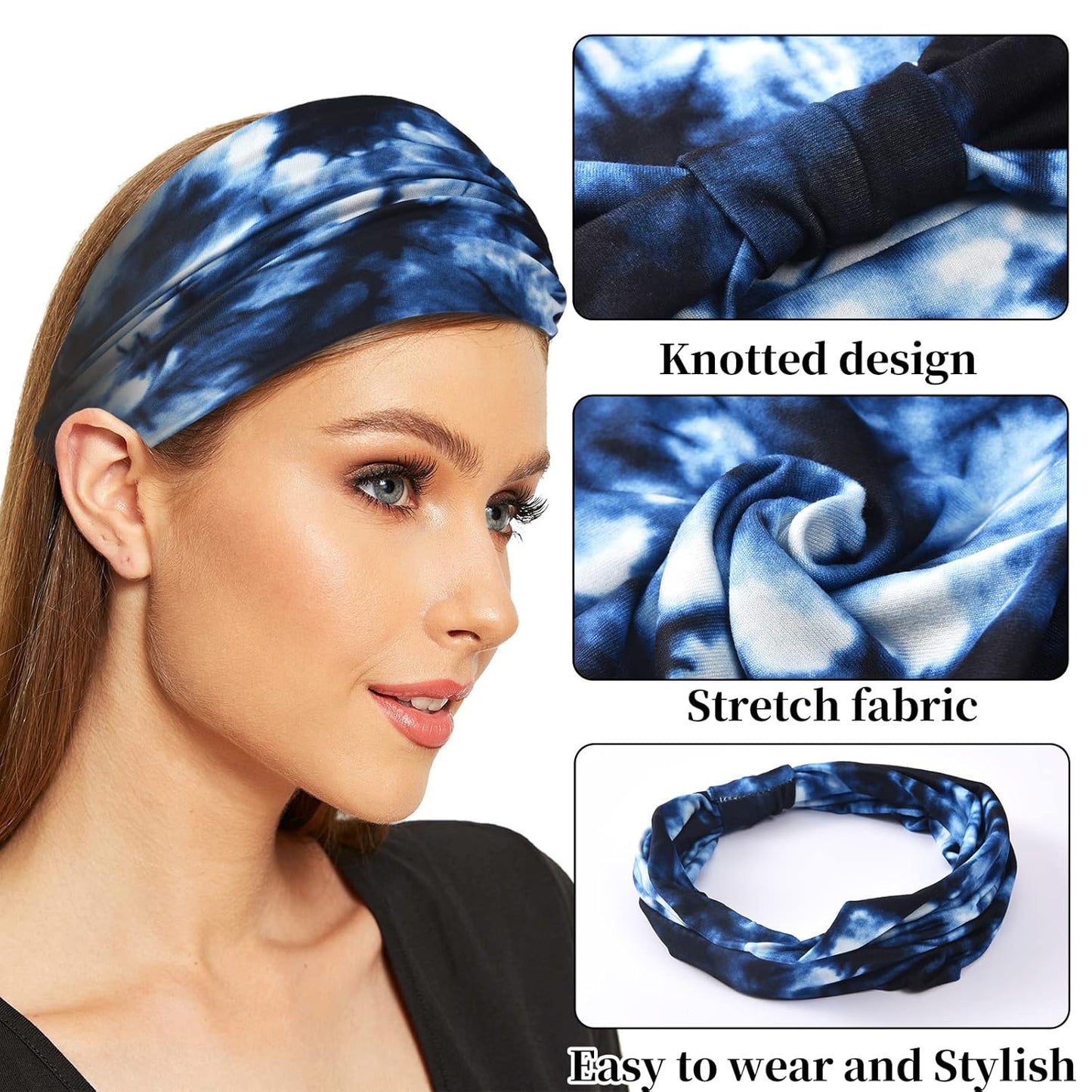 Yeshan Wide Non Slip Boho Elastic Tie Dye Headbands - Yoga Workout Sweat Bands Running Sport Hair Bands, Pack of 6