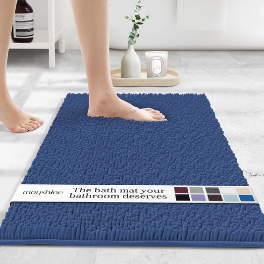 MAYSHINE Plush Shaggy Chenille Bath Mat | Extra Soft, Super Absorbent, Non-Slip Bathroom Rug | Fluffy Microfiber, Area Rug Sets for Bathroom Floor, Kitchen, Living Room | 32"x20" | Dark Blue