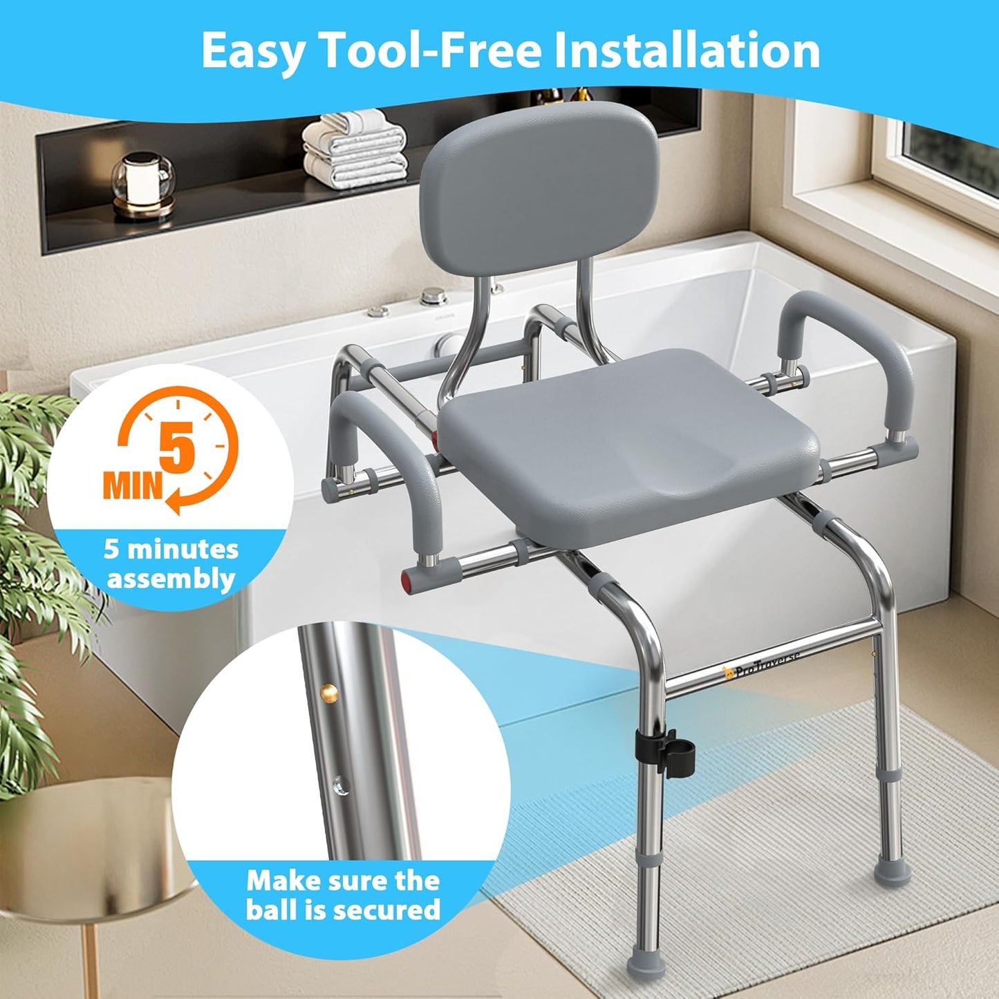 Sliding Shower Chair Tub Transfer Bench with 360°Swivel Seat,Anti-Slip Design,with Security Belt for Elderly and Disabled,Adjustable Height with one Touch Slide Button,Gray