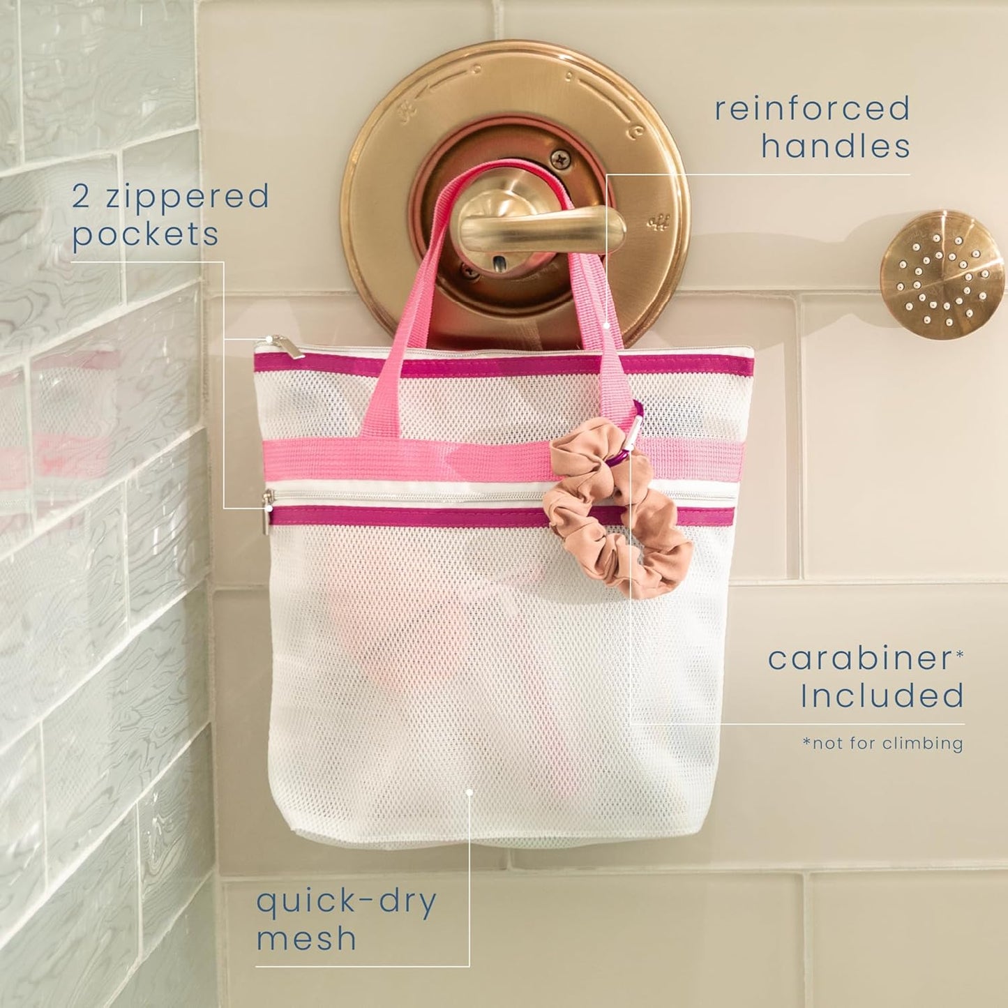 S&T INC. Mesh Shower Caddy, Shower Bag for Dorm Room Essentials, Gym Bag, Camping and More, Two Zippered Pockets, White and Pink, 10 Inches x 10 Inches