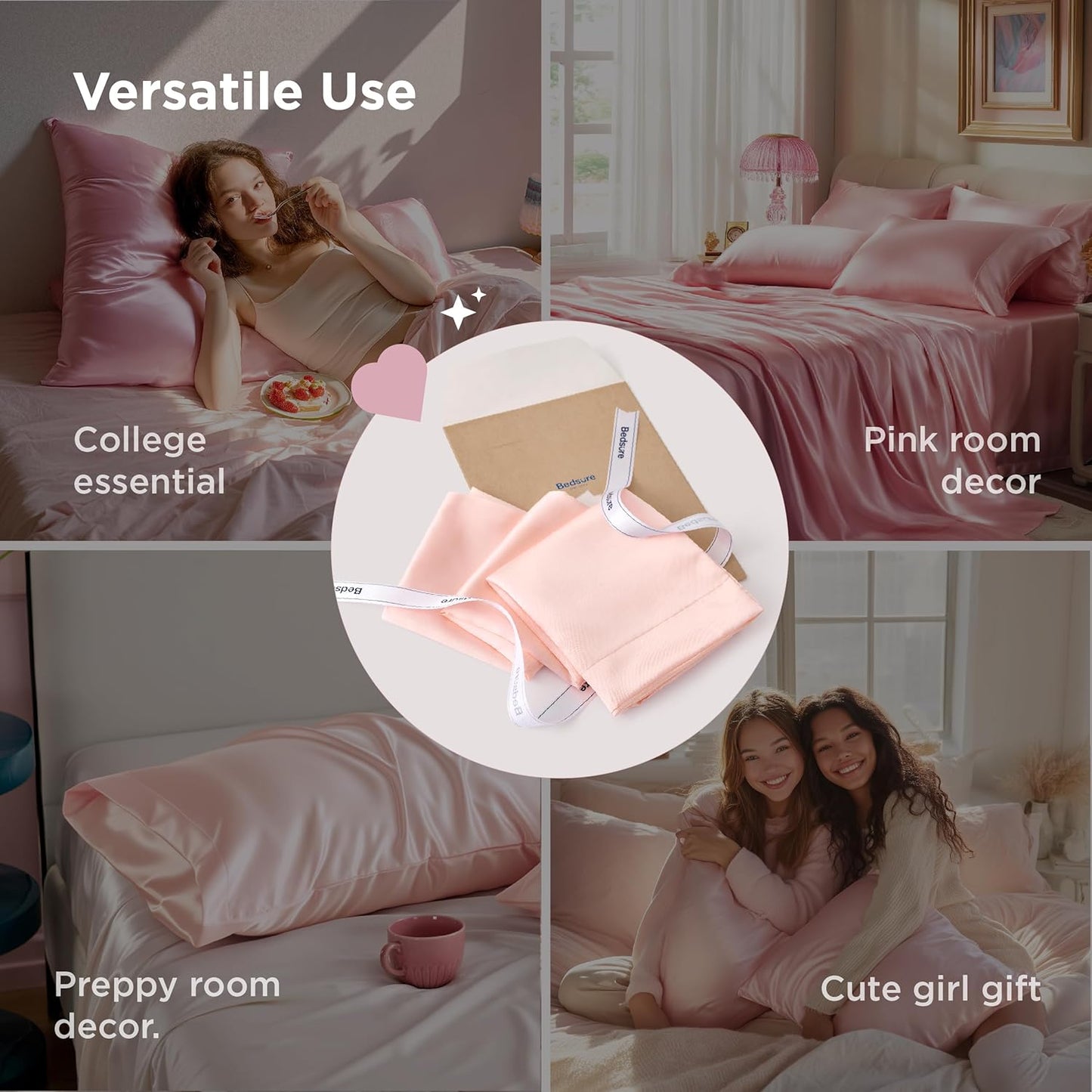 Bedsure Satin Pillowcase for Hair and Skin Queen -Coral Silky Pillowcase 2 Pack with Envelope Closure, Similar to Silk Pillow Cases, Gifts for Women Men, 20x30 Inches, 2pcs