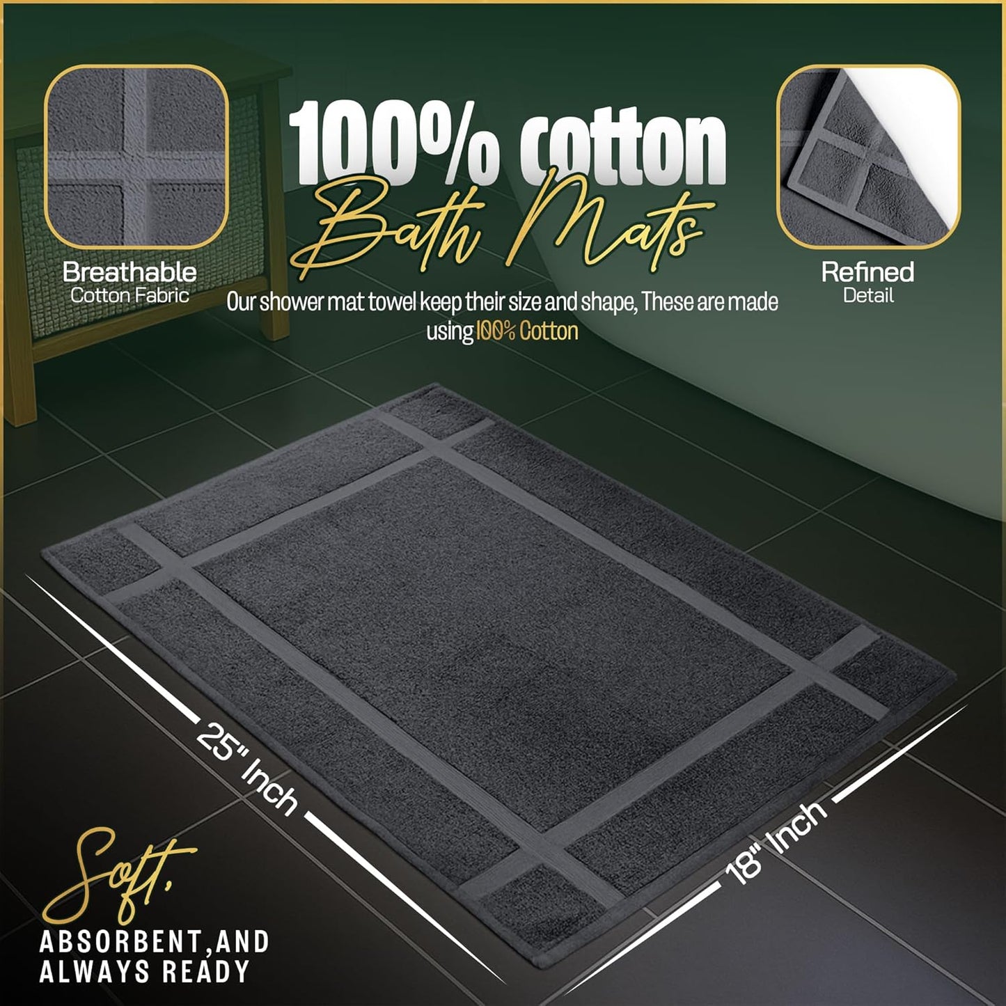 Pearl Linens Pack of 6 Washable Cotton Bath Mat 18x25 - Soft & Absorbent Quick Dry Bathroom Mat Set, Not Bathroom Rugs After Shower Mat, Terry Bath Tub Mat, 687 GSM Dark Grey