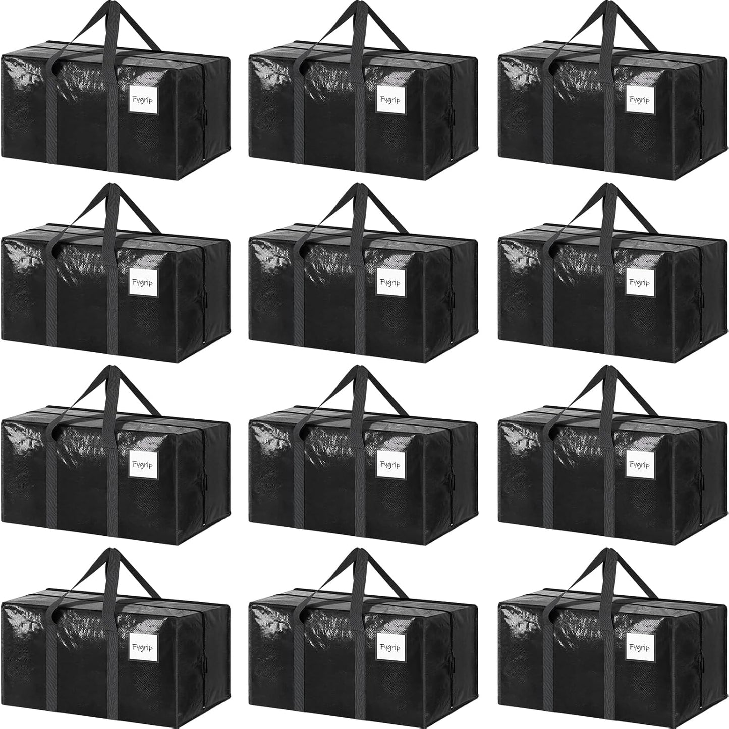 12 Pack Extra Heavy Duty Large Moving Bags with Strong Zipper & Comfortable Handles, Sturdy & Durable Clothes Storage Bags Totes Bins, Packing Moving Boxes for College Supplies, Black