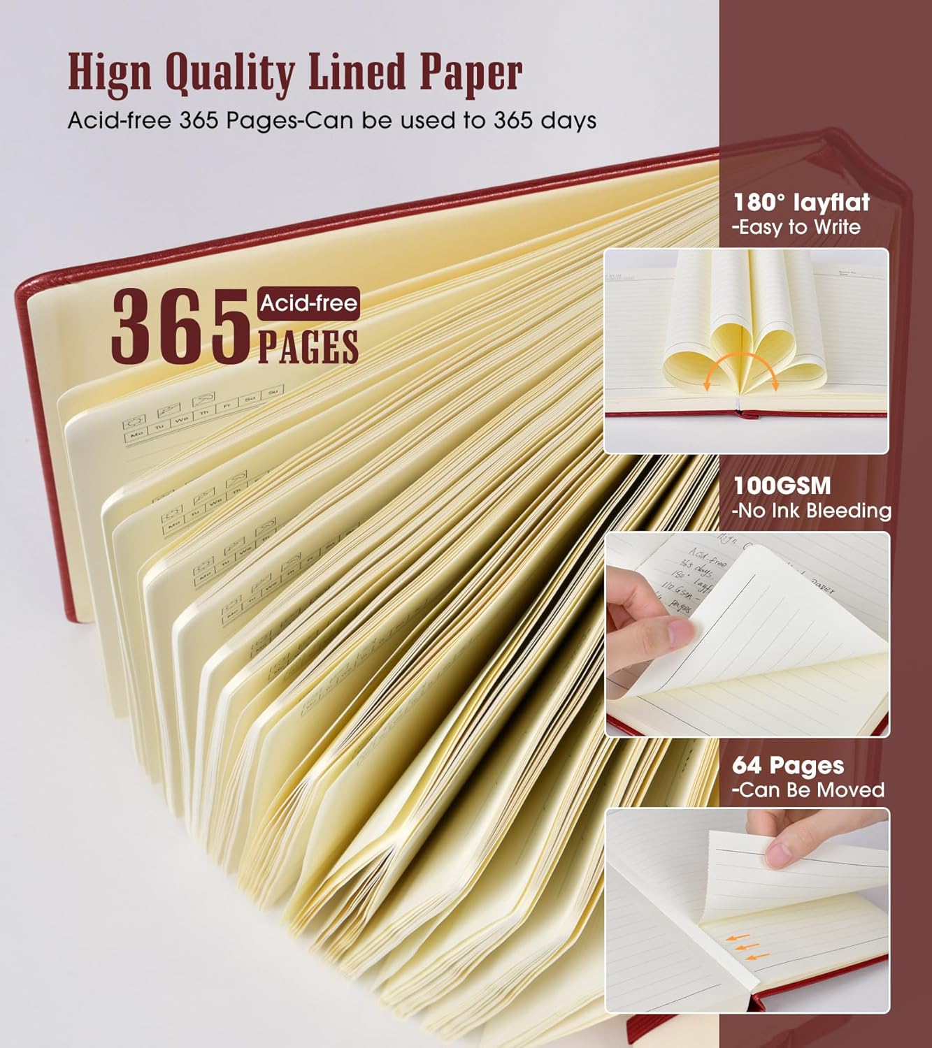 Lined Journal Notebook, 365 Pages B5 Large Journals for Writing College Ruled Notebook, Hardcover Leather Journal for Women Men, Daily Notebook for Work, Note Taking, 100Gsm Paper ( 7.6'' X 10'' Wine)