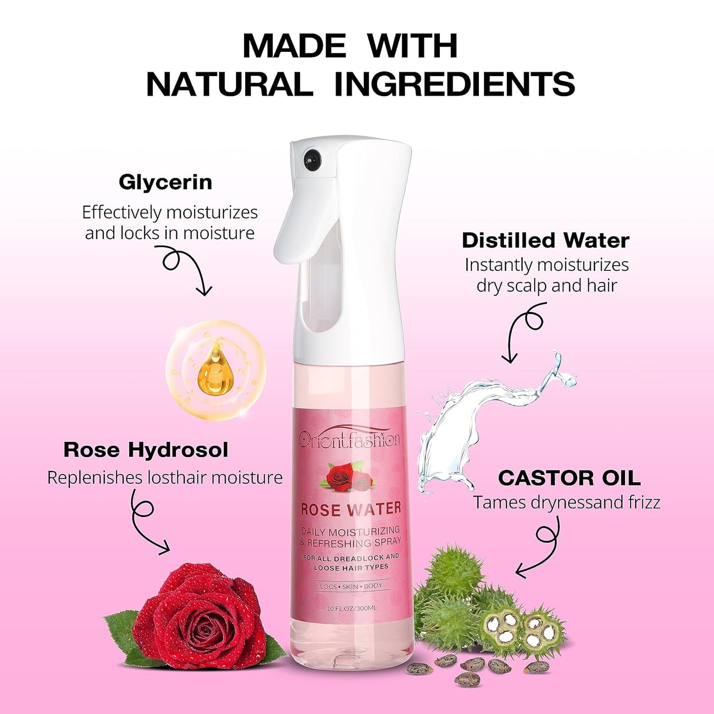 Orientfashion Moisturizing Refreshing Spray for Locs- Rose Water Hair Scalp Moisturizer, Castor Oil- Natural Loc Care and Maintenance (Rose, 10 Fl oz)