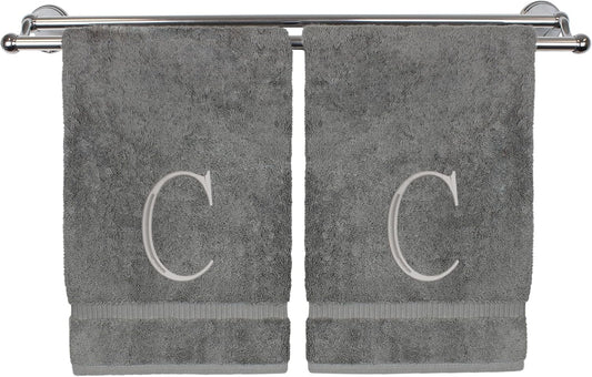 Monogrammed Hand Towel, Personalized Initial Gift, Extra Absorbent 100% Turkish Cotton - Soft Terry Finish - Set of 2 - Silver Block Initial C - Embroidered on Grey Towels