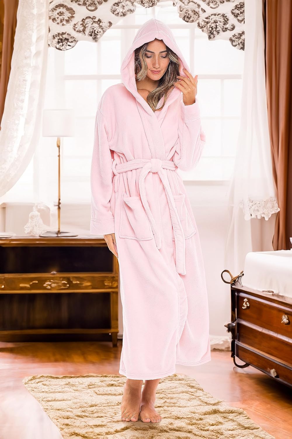 Alexander Del Rossa Womens Robe, Long Plush Bathrobe with Hood, Hooded Robes for Women Plus Size Bath Robe