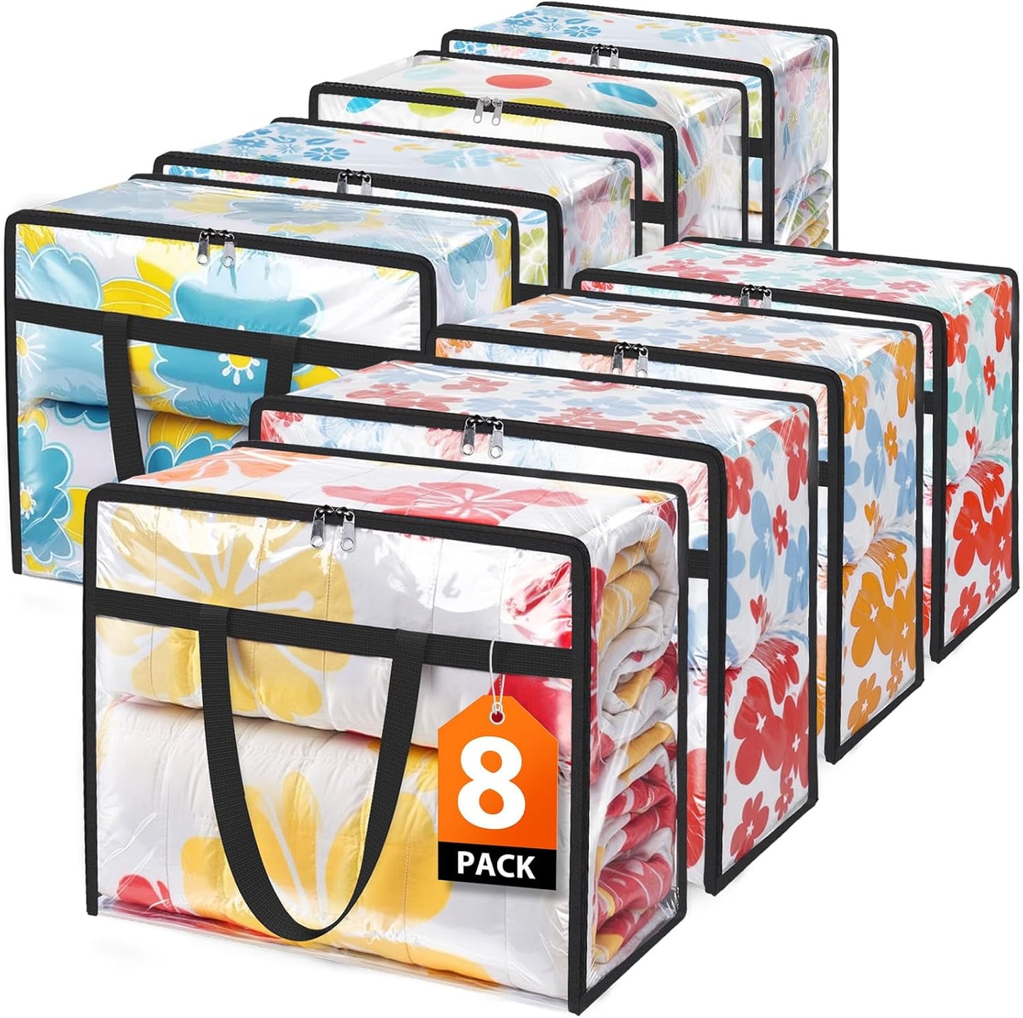 Clear Clothes Storage Bags, 8 Pack Closet Organizers and Under Bed Storage Containers, Foldable Moving Bags with Zippers for Comforter, Blanket, Bedding, Duvet, PVC Packing Bags 40L
