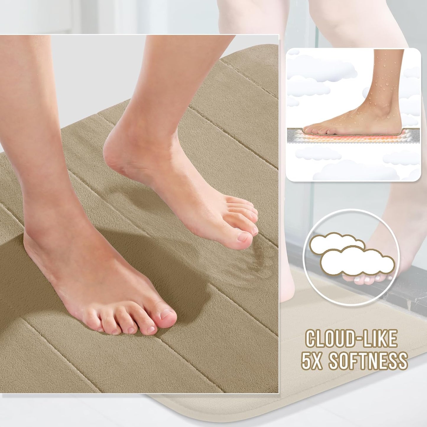 Yimobra Long Bath Mat 44"x24", Super Soft Quick Dry Memory Foam Bathroom Rug, Water Absorbent, Non Slip Backing Machine Washable for Tub Shower, Thick Comfort Support, Pale Khaki
