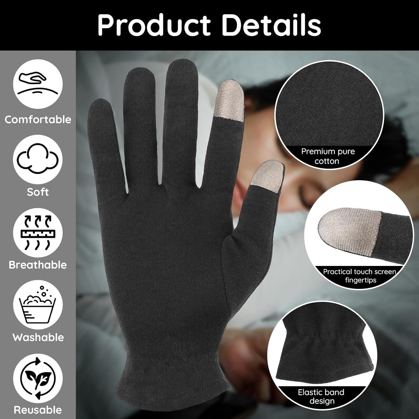 Segbeauty 12 Counts Touchscreen Gel Cotton Gloves Black with Elastic Band, 6 Pair Touch Screen Hand Moisturizing Cotton Gloves for Dry Hands Sleeping Overnignt, Reusable Hand Care Moisture Sleep Glove