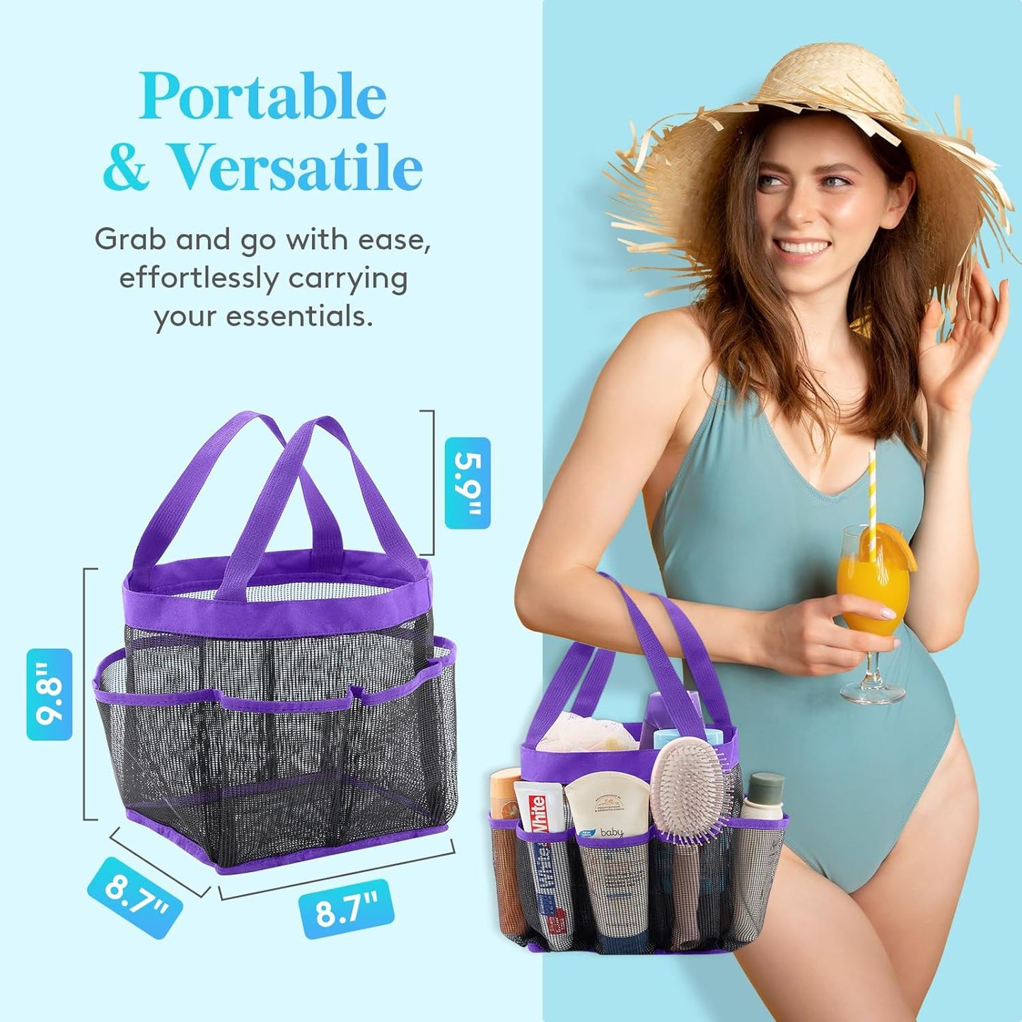 Lifewit Mesh Shower Caddy Freestanding Portable Shower Tote Bag for College Dorm, Bathroom,Gym,Travel, Quick Dry Hanging Shower Organizer with 7 Storage Pockets for Toiletry Essentials, Purple