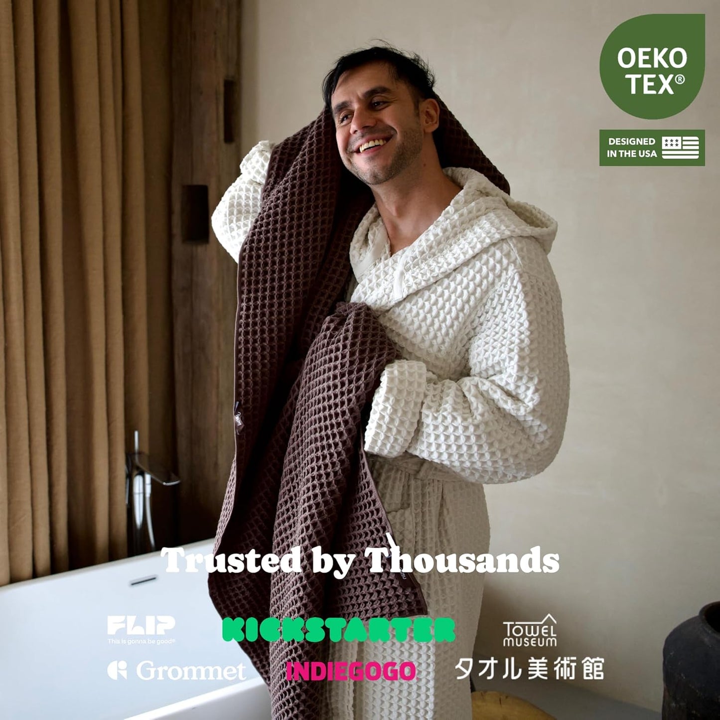 Luxury Japanese Cotton Waffle Bath Towel | Plush, Absorbent, and Quick Dry | Free Storage Bag Included (Dark Cocoa, Complete Set (4-Piece))