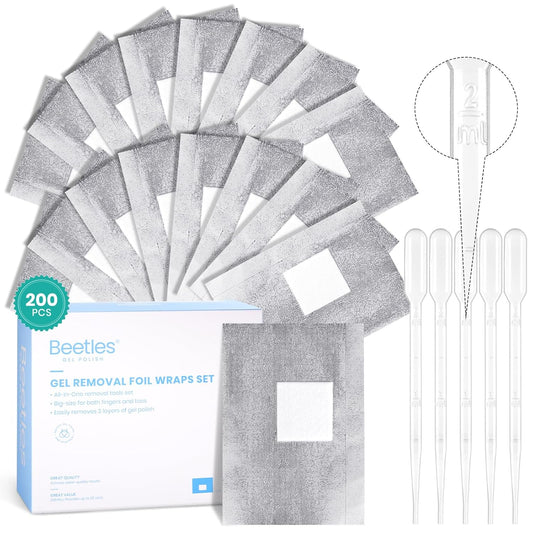 beetles Nail Remover Kit - 200Pcs Nail Soak Off Foil Wraps Gel Nail Polish Remover Tools Larger and Thicker Pre-attached Cotton Pad with Droppers, Easy Manicure Removal for Women Girls