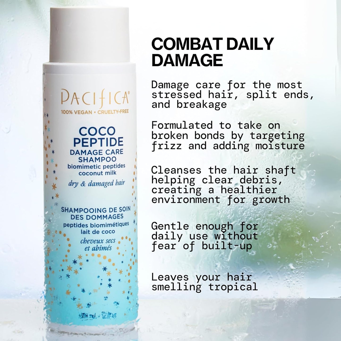 Pacifica Coco Peptide Damage Care Shampoo & Conditioner Set – Repairing Hair Care for Dry Damaged Hair Vegan Collagen & Peptides for Split Ends & Breakage Sulfate Free Clean Vegan Dermatologist Tested