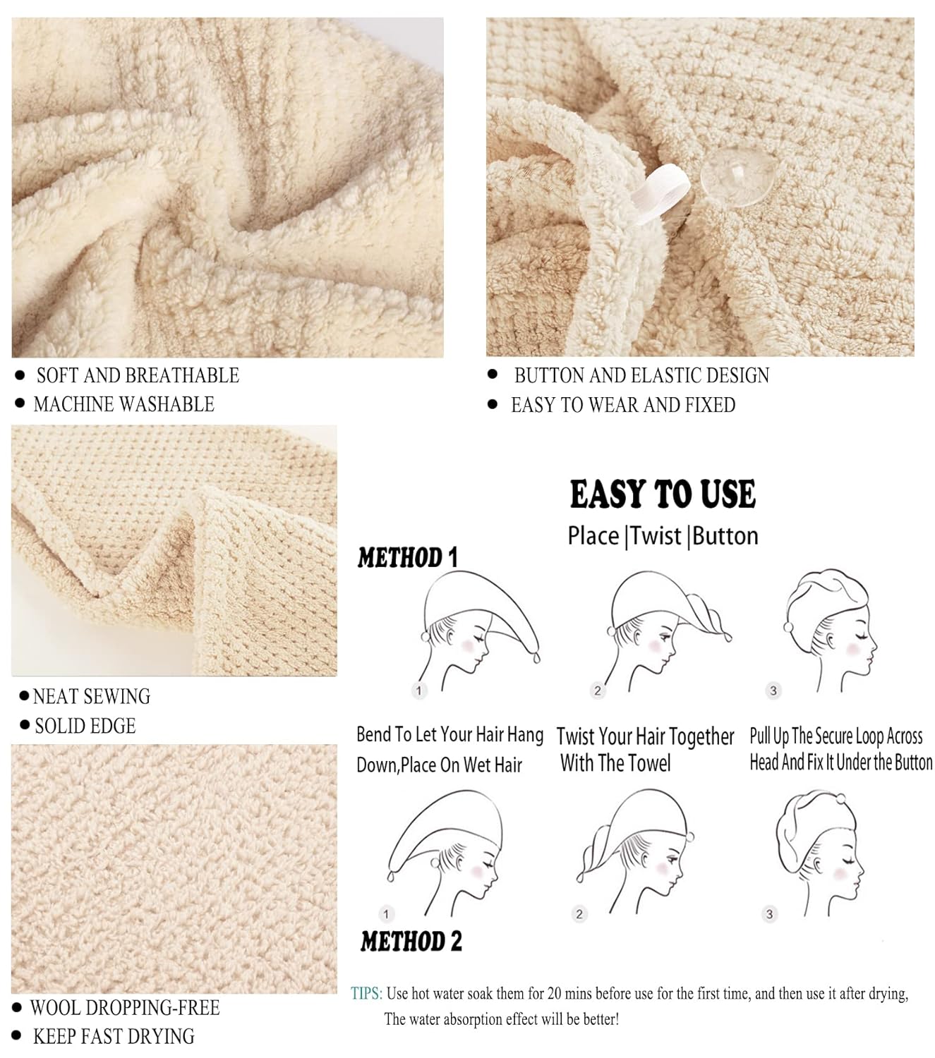 ELLEWIN Hair Towel Wrap 2 Pack, Microfiber Hair Drying Shower Turban with Buttons, Super Absorbent Quick Dry Hair Towels for Curly Long Thick Hair, Rapid Dry Head Towel Wrap for Women Anti Frizz