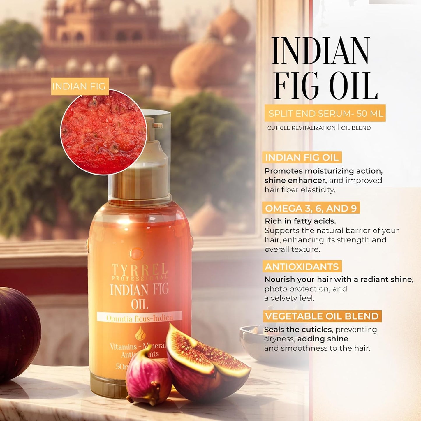 Fig Split End Repair Hair Oil 1.69 fl oz – Luxurious Fig Scent, High Cuticle Absorption, Protein Replacement, and Deep Nutrition – For Damaged Ends and Frizz Control – Tyrrel