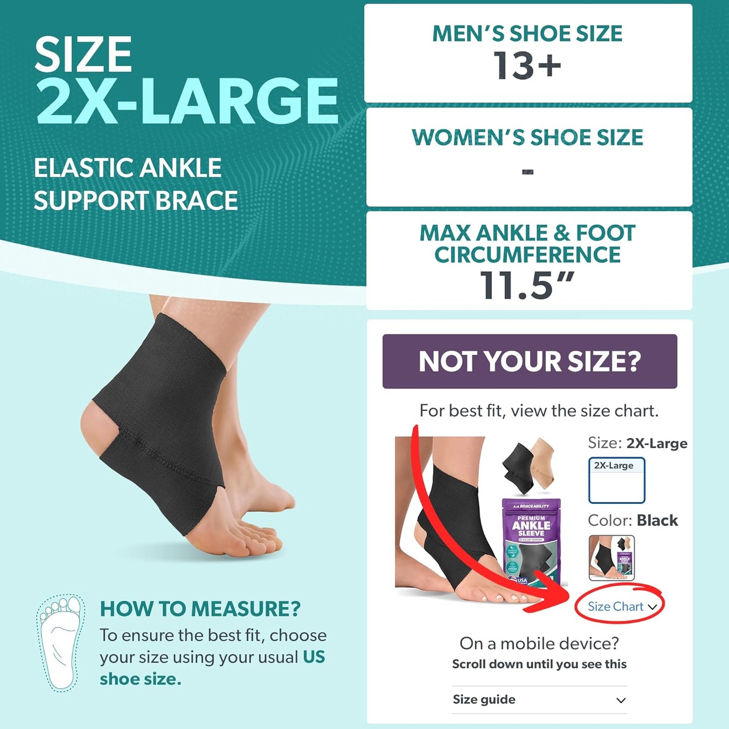 BraceAbility Elastic Ankle Support Brace - Lightweight Slip on Foot and Ankle Compression Sleeve for Gymnastics, Dance, Sports, Running, Exercise, and Sprained Ankle Swelling for Women and Men (Black, XX-Large)