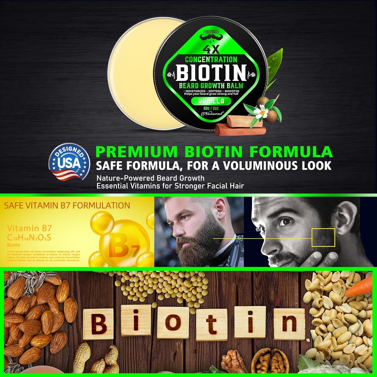 Biotin Beard Growth Balm for Men – Conditioning & Thickening Balm with Castor, Shea & Jojoba Oils – Non-Greasy, Softens & Nourishes for Fuller, Thicker Facial Hair – Vanilla Scent – 2 oz