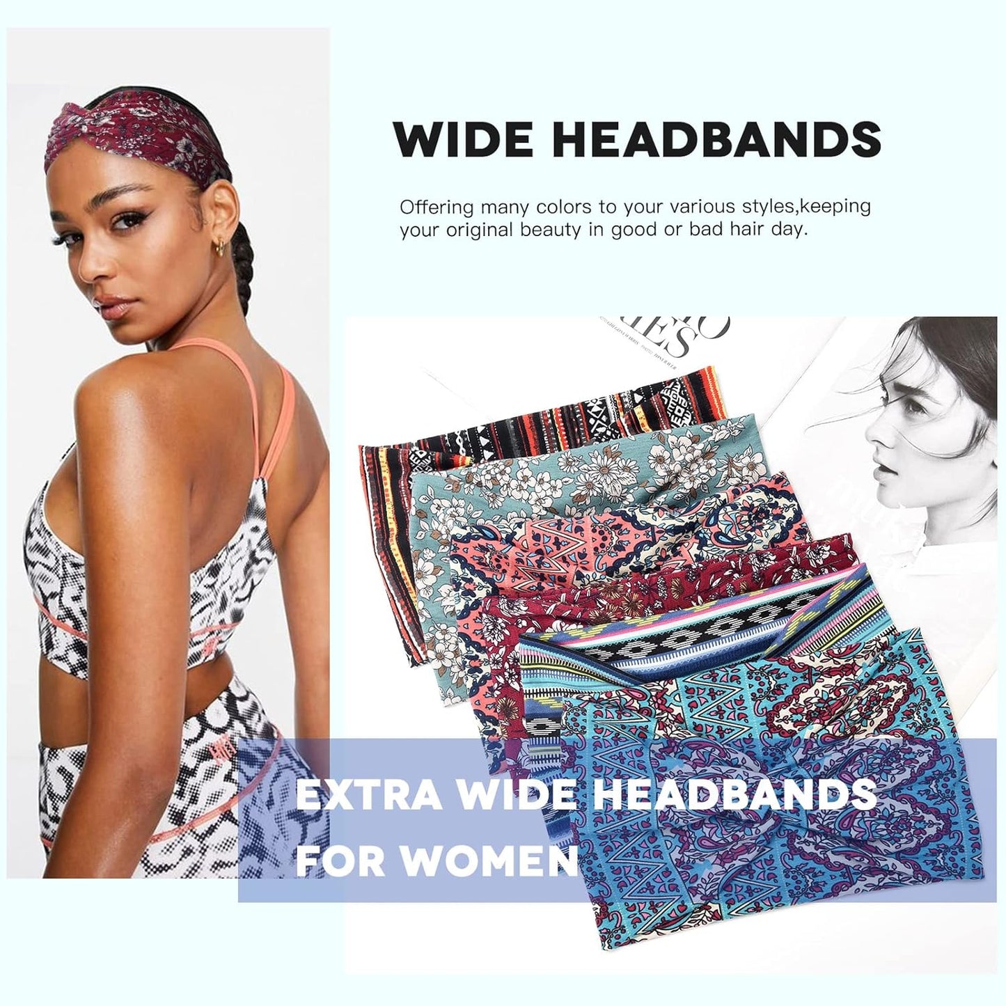 Wide Boho Headbands for Women Extra Large Turban Headband Twisted Knot Head wraps Criss cross African Thick Bandana Headbands,Pack of 6